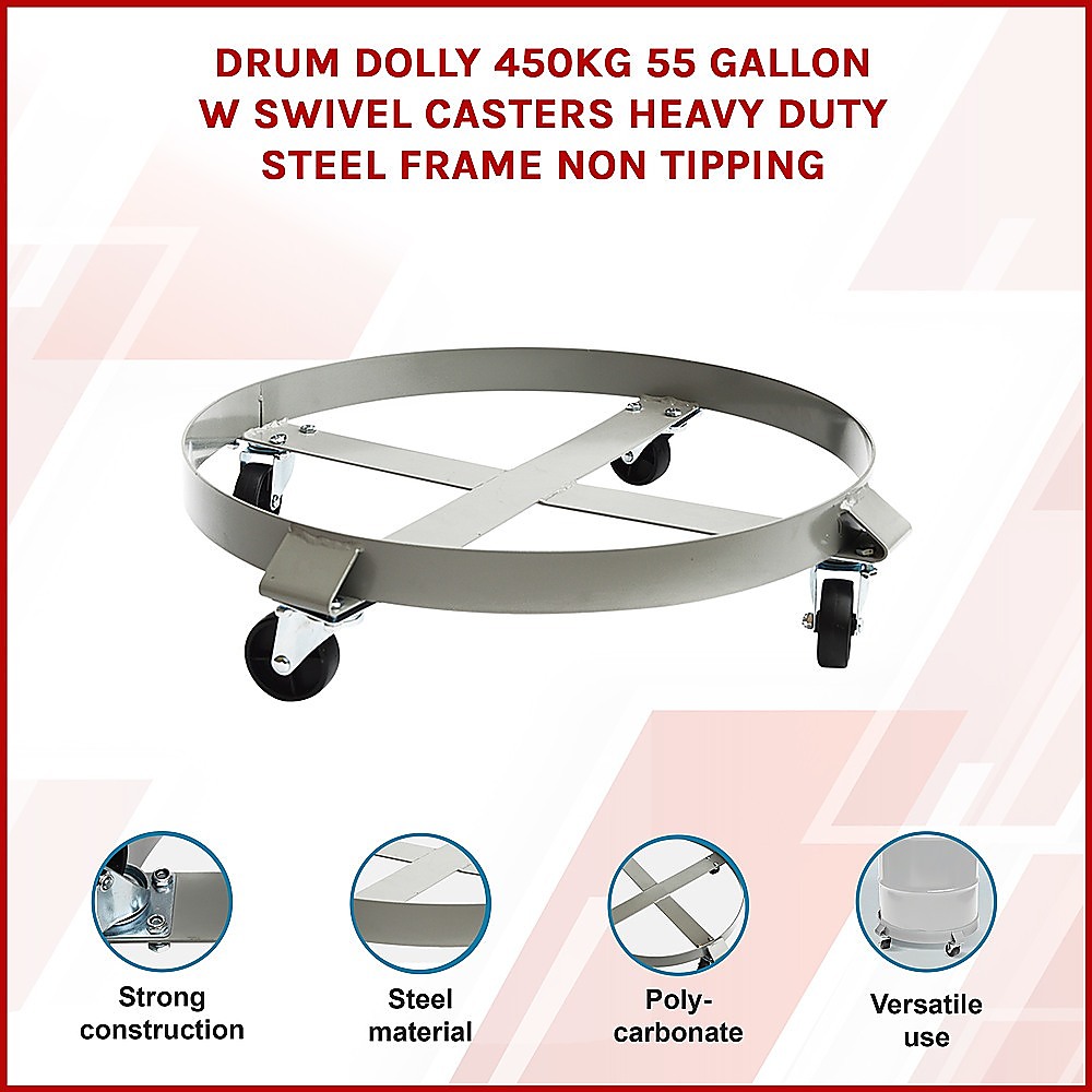 Drum Dolly 450kg 55 Gallon w Swivel Casters Heavy Duty Steel Frame Non Tipping — image 3