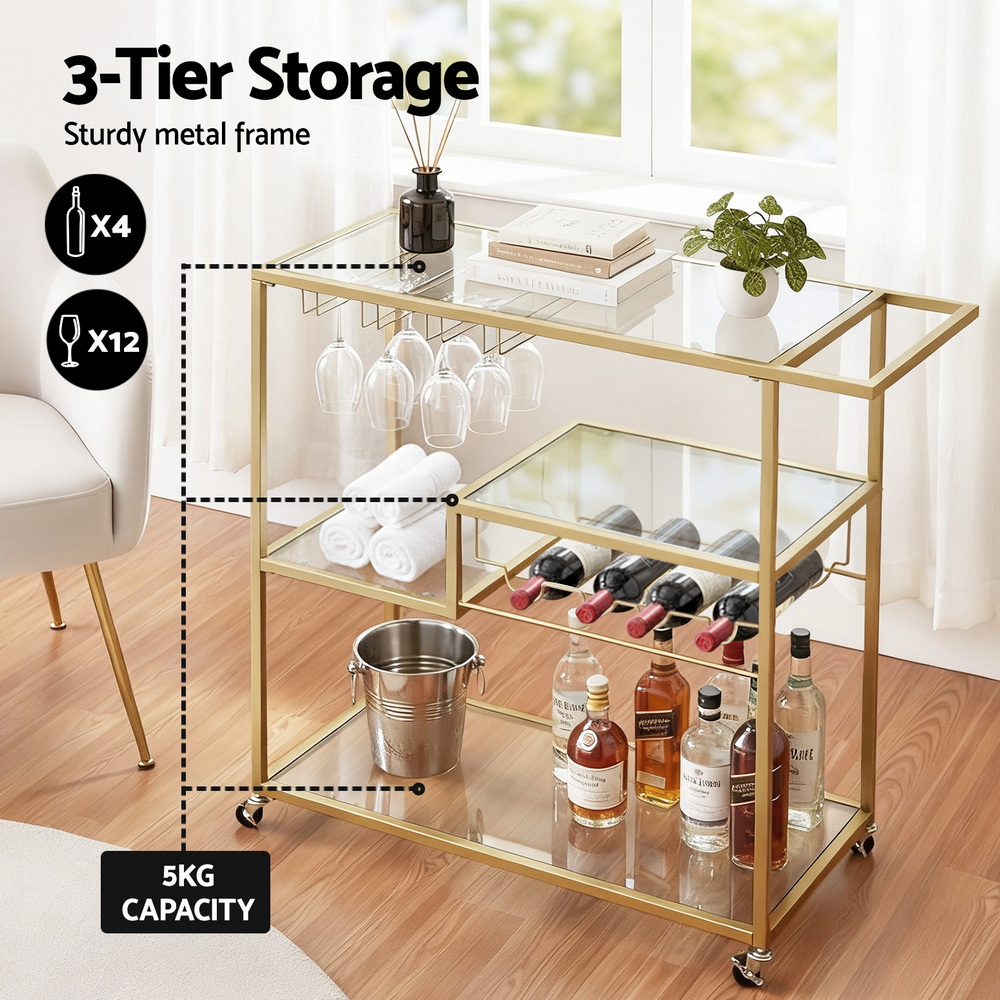 Artiss Bar Cart Drink Trolley Serving Cocktail Wine Rack Glass Holder 102cm Gold — image 5