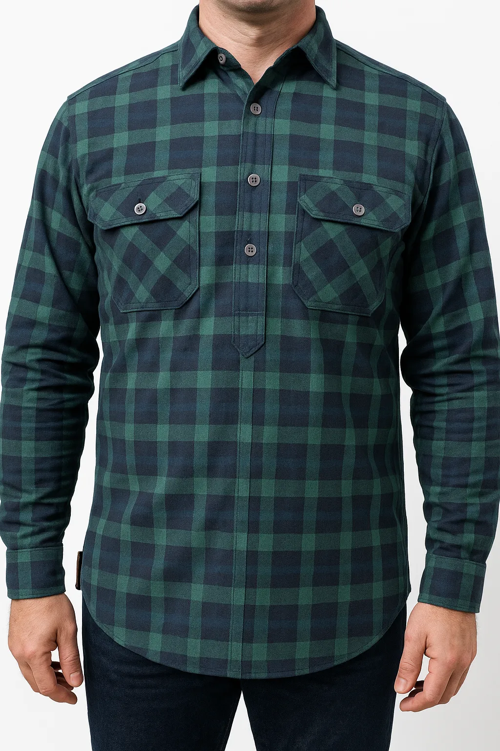 Mens Flannelette Long Sleeve Pullover Shirt 100% Cotton Flannel - Half Placket - Green/Navy — image 2