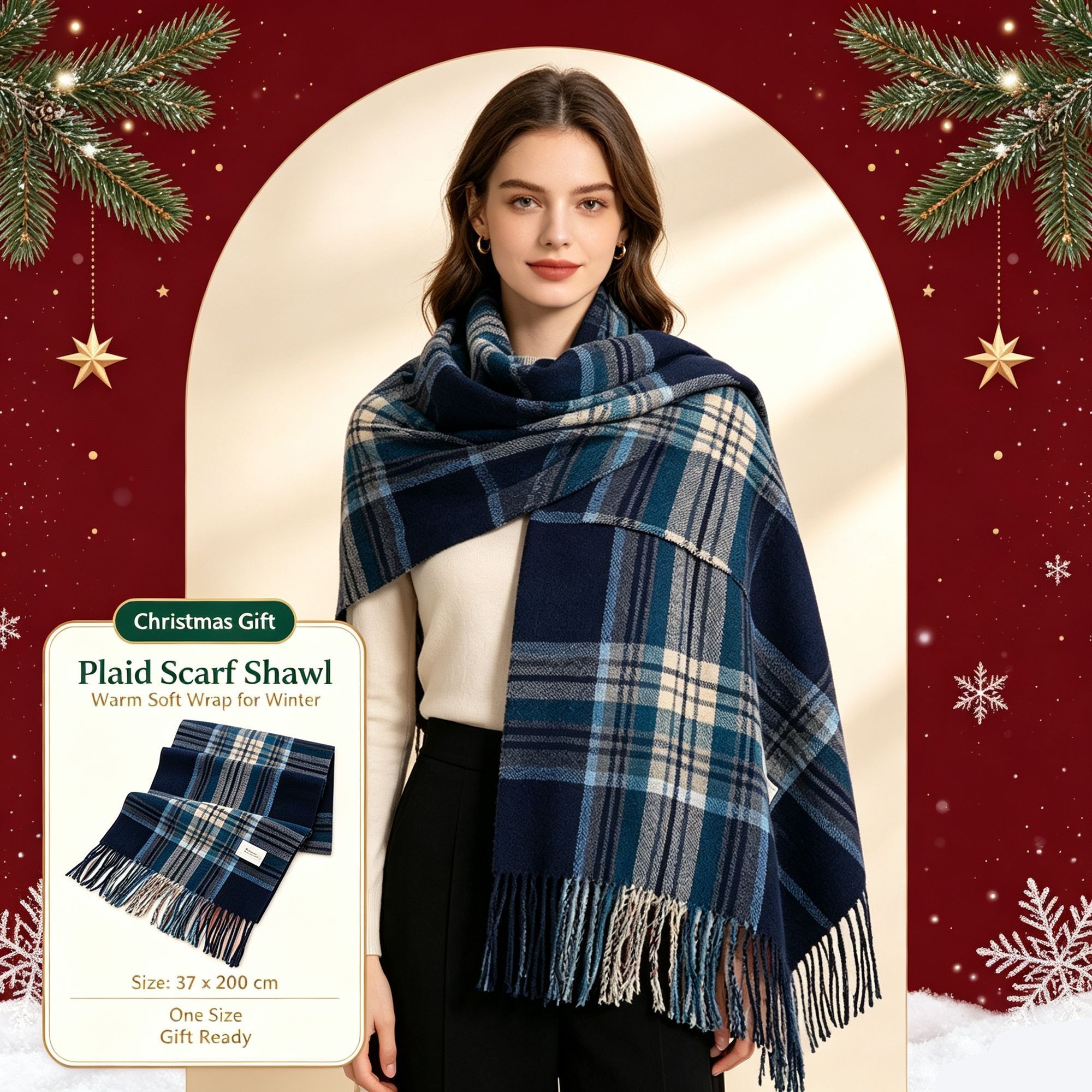 Lattice Soft Scarf, Cozy Cashmere Touch Wrap Shawl 37x200cm Blue Plaid Design for Daily Warm Keeping & Xmas Holiday Present