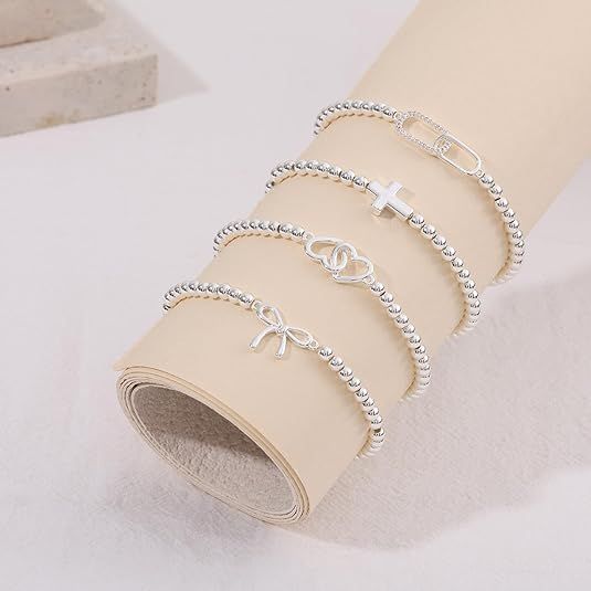 Women’s Silver Bracelet, Silver Elastic Beaded Bracelet, Handmade Ball Accent Bracelet, Elegant Silver Jewelry Gift — image 3