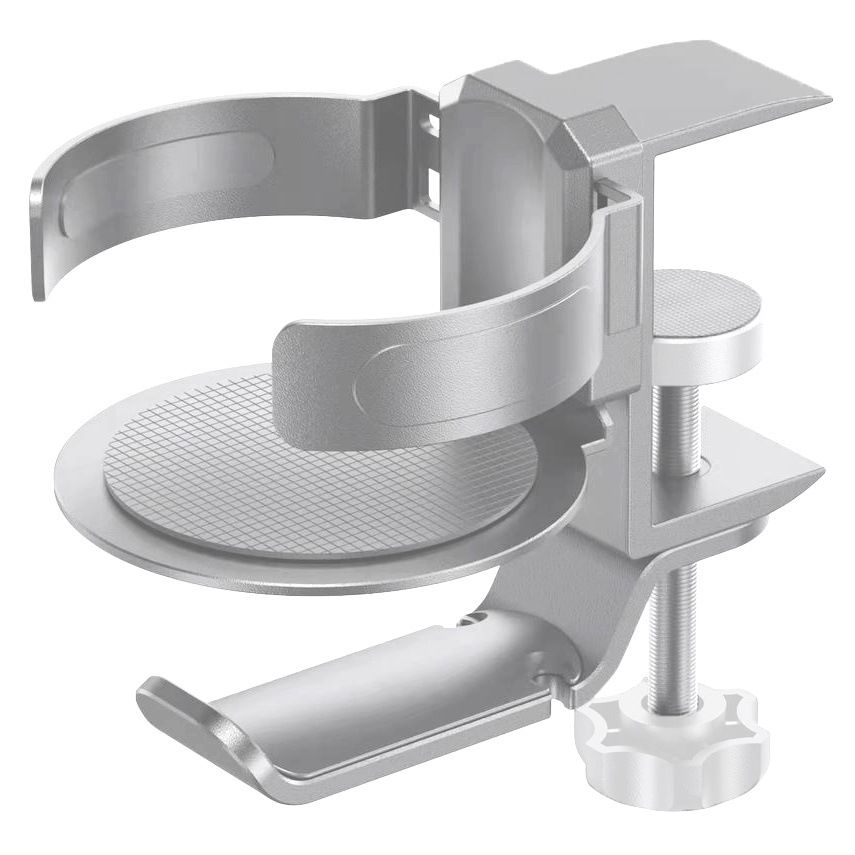Silver 2-in-1 Rotating Headphone and Cup Holder - No-Drill Aluminum Alloy Desk Clamp Mount for Over-Ear Headsets and Beverages - Space-Saving Organizer for