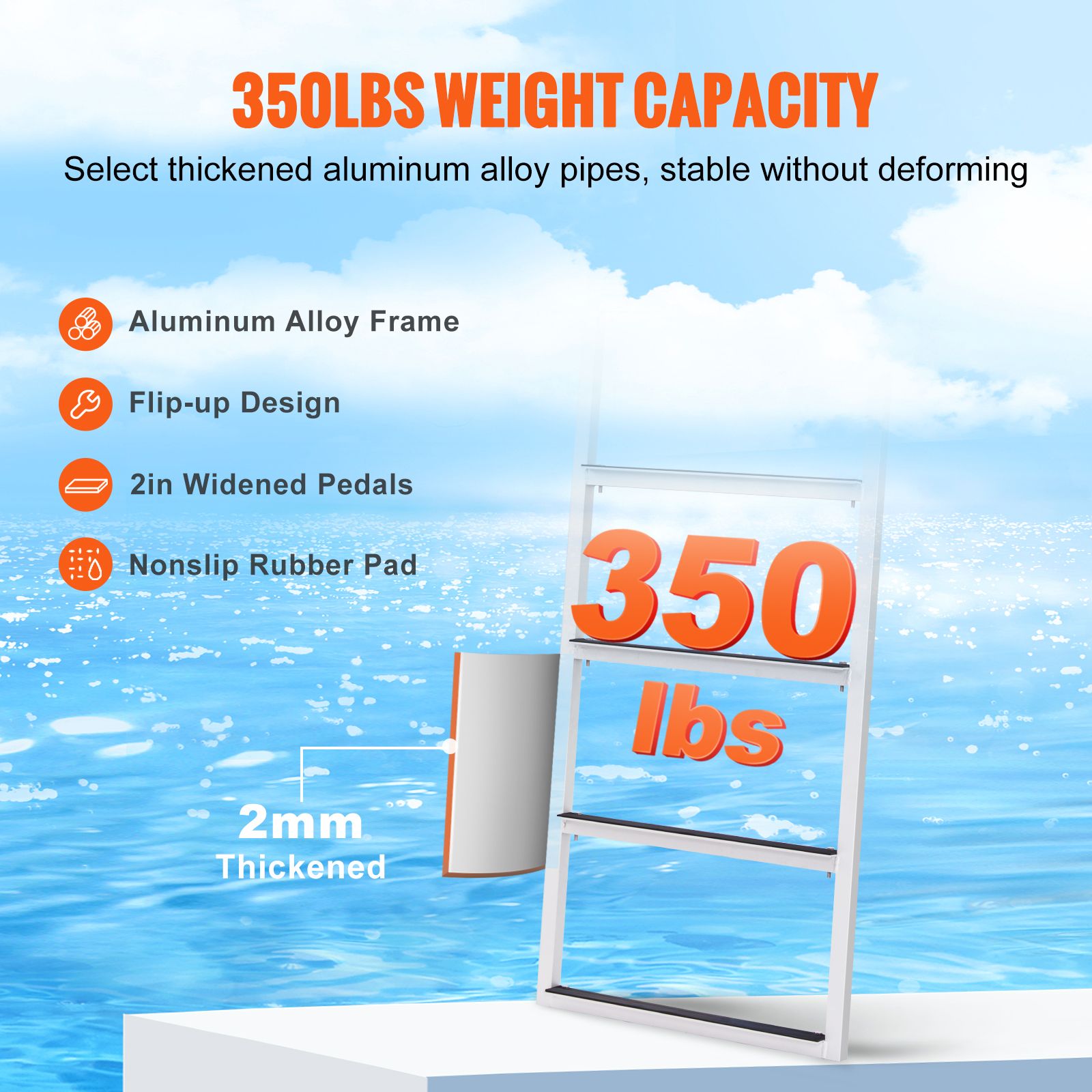 Dock Ladder, Flip-Up 4 Steps, 159 kg Load Capacity, Aluminum Alloy Pontoon Boat Ladder with 50.8 mm Wide Step & Nonslip Rubber Mat, Easy to Install for — image 4