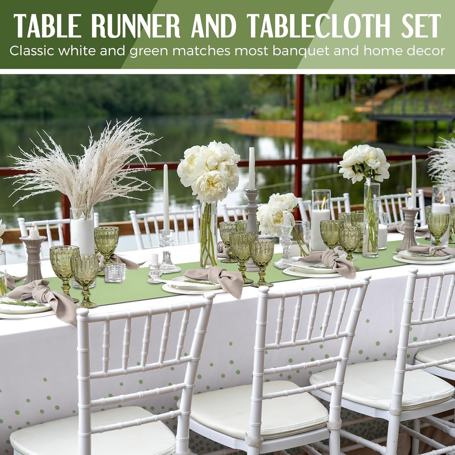 16 Pcs White and Sage Green Disposable Plastic Tablecloths and Satin Table Runner Set 54x108 Inch Tablecloth 12x108 Inch Table Runners for New Year Wedding โ image 5