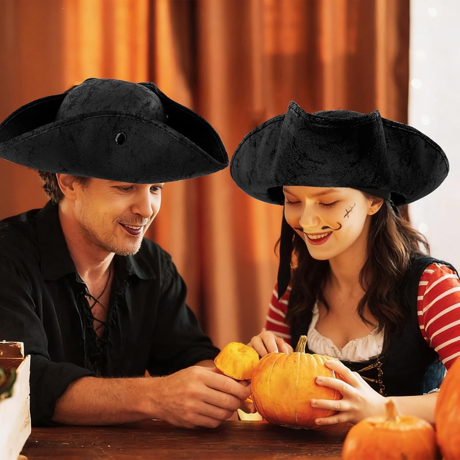 Black Pirate-Hat,Women Tricorn Leather Hat,Men Vintage Wrinkle Pirate Hat for Halloween Party Costume Accessories — image 6