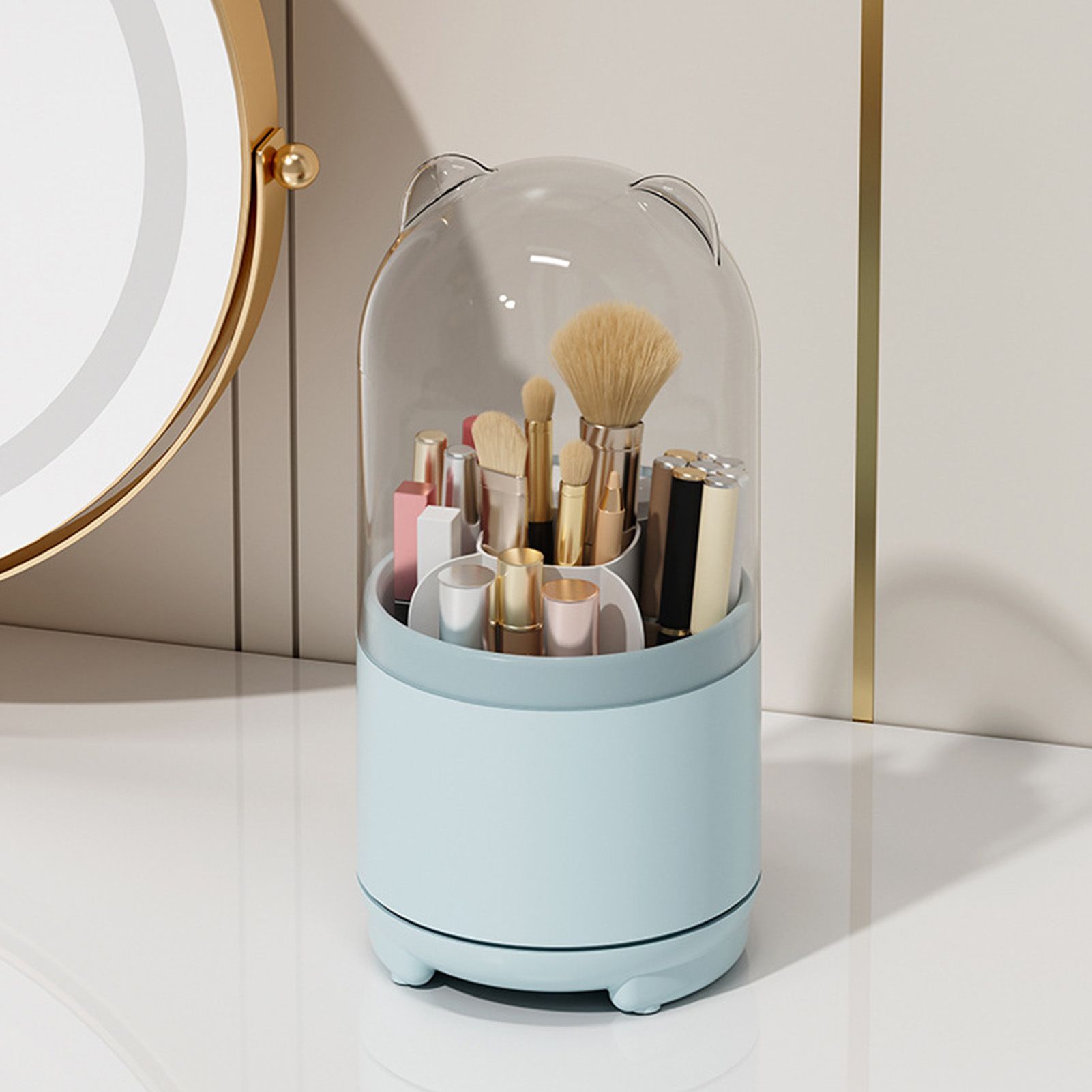 Makeup Brush Storage Container 360 Degree Rotating Dust Prevention Transparent Lid Large Capacity Makeup Brush Holder Blue — image 5