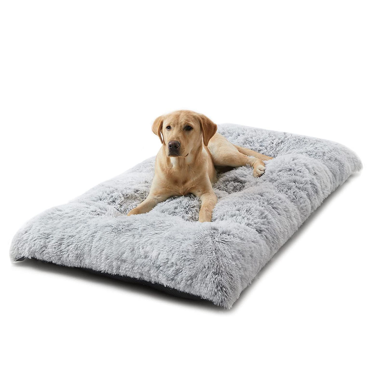 95 x 65 CM Winter Long Plush Dog Bed for Large Dogs - 10CM Thickened Fluffy Faux Fur Pad - Calming Anti Anxiety Pet Cushion with Non-Slip Bottom, Removable &