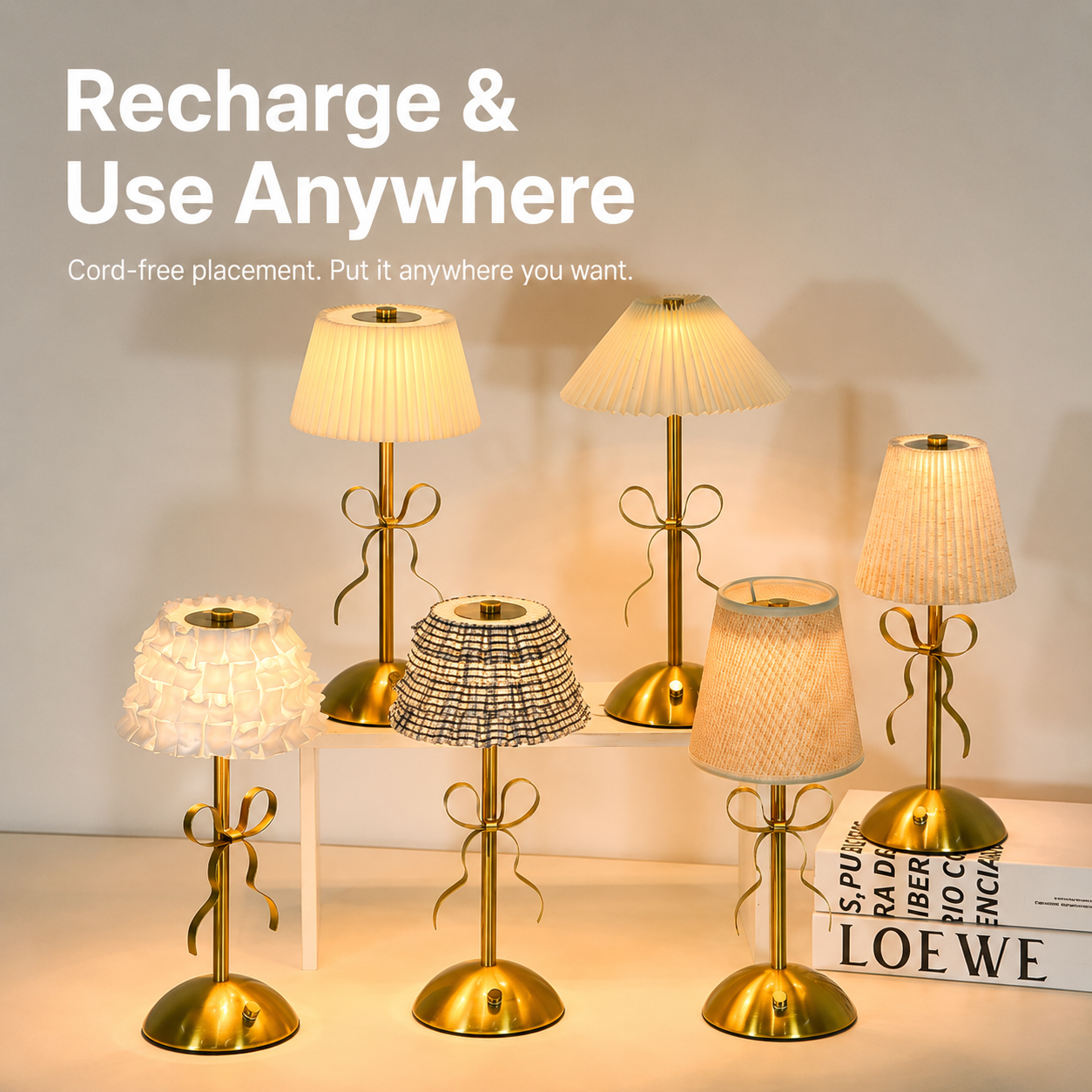 Creative Rechargeable Bow Table Lamp with Pleated Fabric Lampshade - Three Colour Soft Light, Touch Stepless Dimming, USB-C Cordless Bedside Decor โ image 5