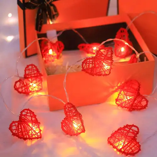 20 Red 3D Hollowed Rattan Heart-Shaped 3M String Fairy Lights, Battery (AA) Indoor & Outdoor Decorations Wedding Valentines Romantic Room Table Lighting โ image 2