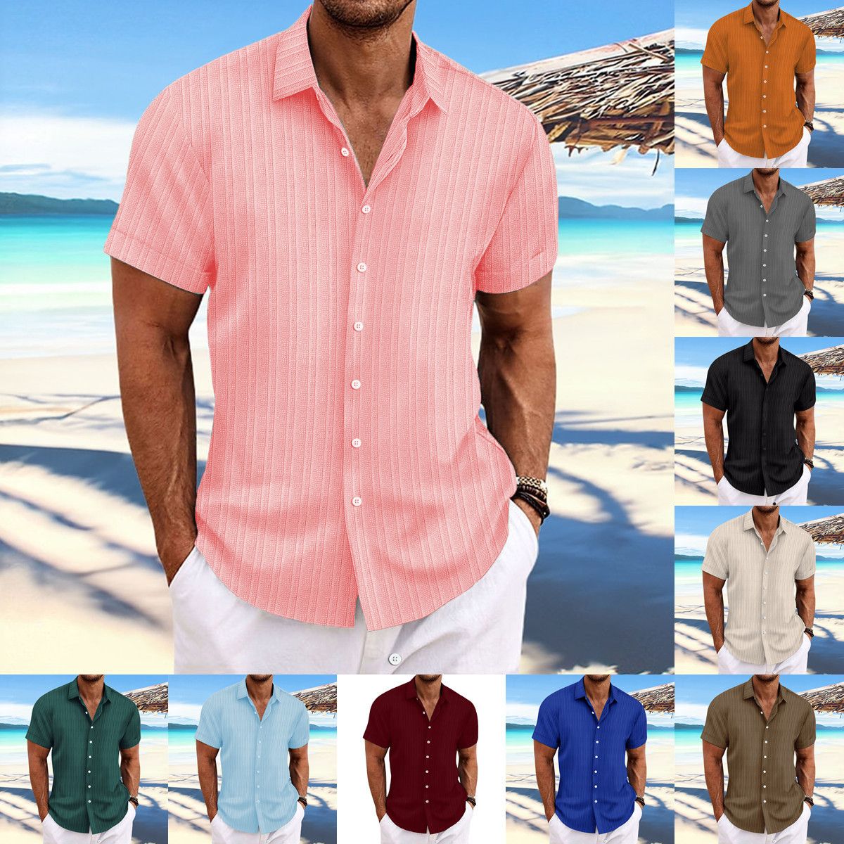 Men Cotton Linen Striped Casual Shirt Light blue XXXL — image 3