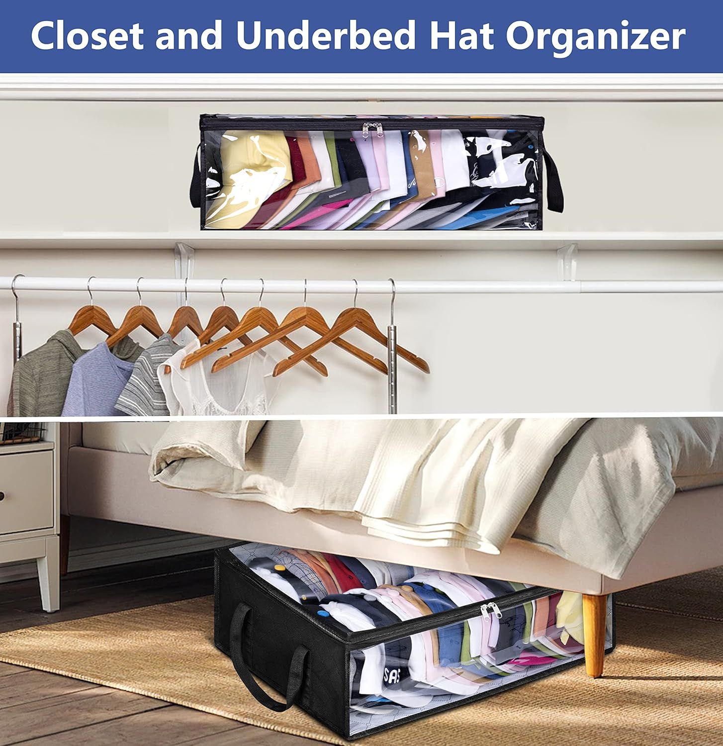 Large Capacity Foldable Hat Organizer Storage Box with Clear See-Through Window for Baseball Caps, Clothes, Toys, and Books, Underbed and Closet Container — image 6