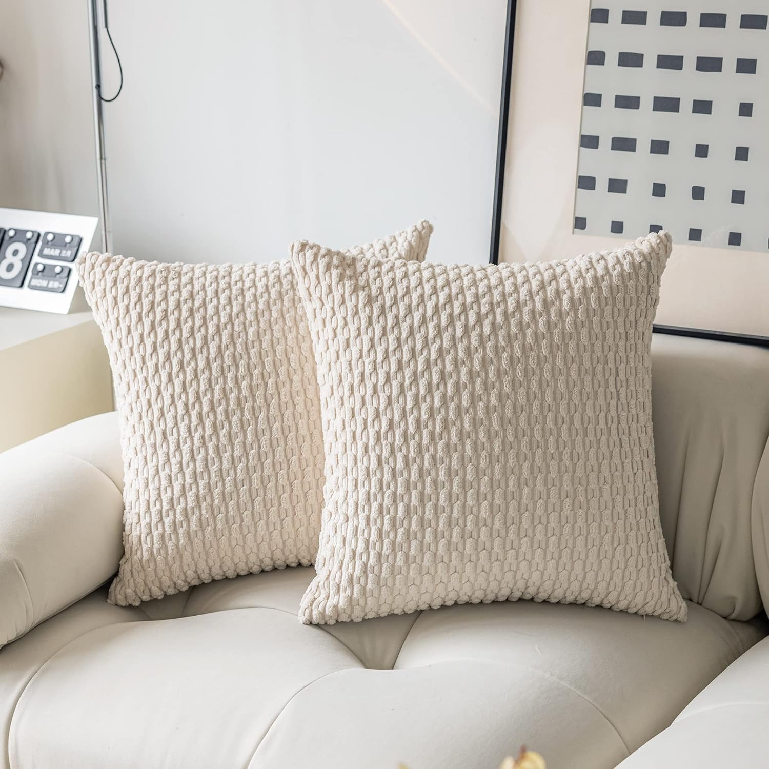 2 Pack Striped Velvet Corduroy Pillow Covers, Decorative Throw Cushion Cases for Couch, Sofa and Bed, 22 x 22-Inch, off white