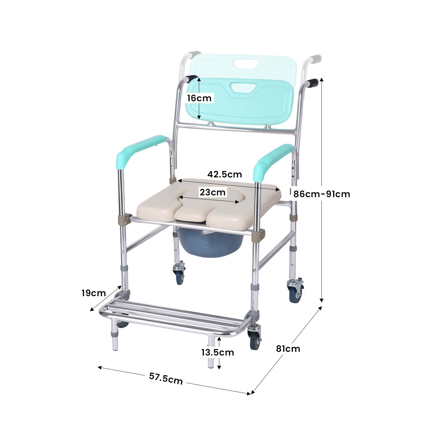 Orthonica Heavy Duty Aluminium Commode Chair with Wheels Castors Footrest & Bucket 136kg Mobile Toilet Chair Aid — image 2