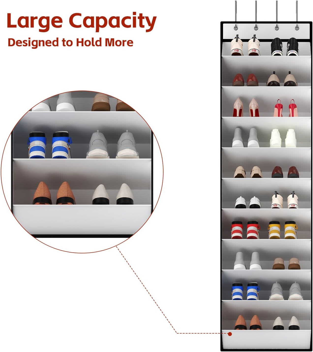 10 Tiers White Over Door Shoe Organizer Storage, Hanging Shoe Holder for Door with Large Deep Pockets, Fit 20-30 Pairs Shoe Rack for Sneakers, Boots. (White) — image 6