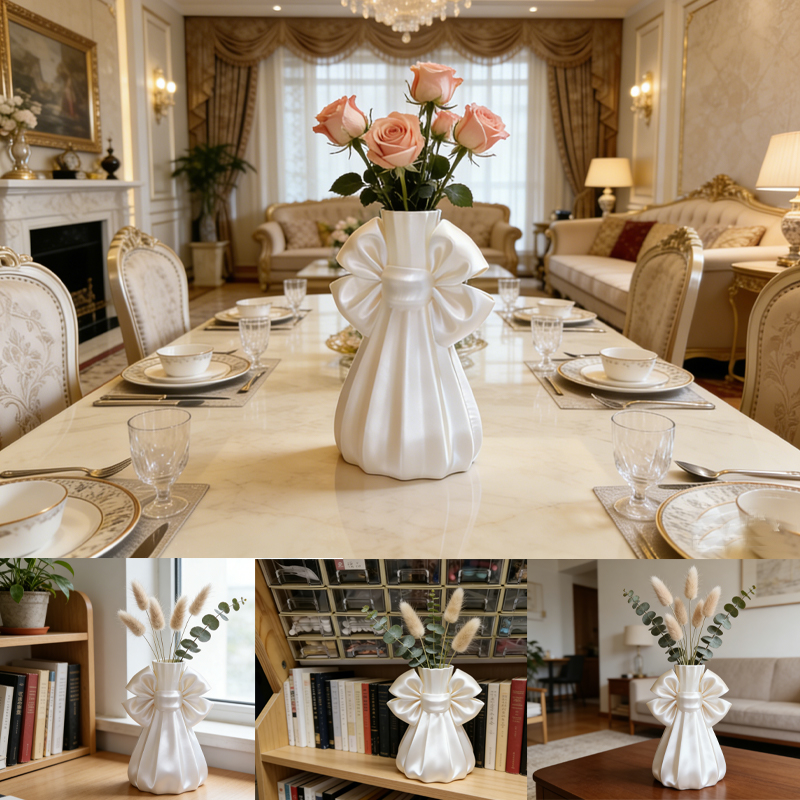 Elegant 3D-printed bow vase, home décor, silk white