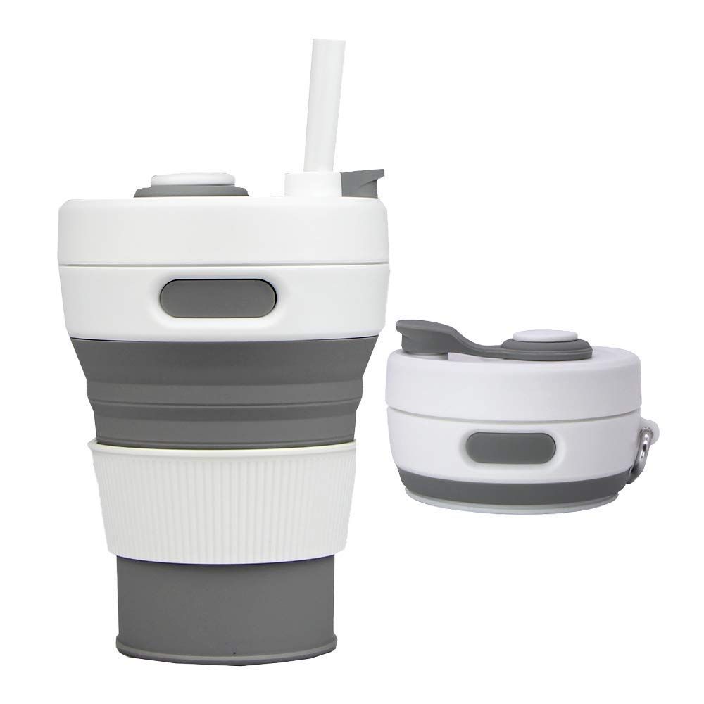 Collapsible Camping Cup with Straw Silicone Folding Coffee Cup Sport Bottle Portable Travel Outdoor Car 16oz (2pcs)
