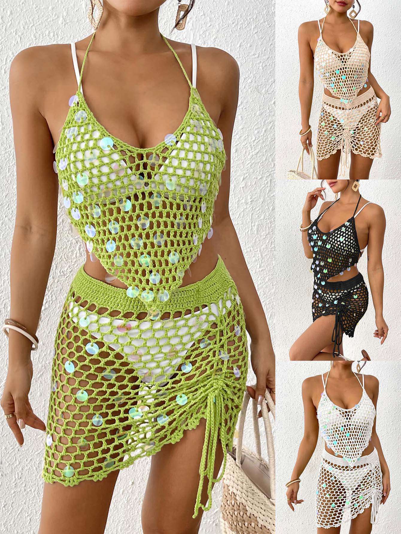 Black Women's Hand-Crocheted Beachwear Set with Sequin Embellishments – Boho Style Two-Piece Bikini Cover-Up — image 2