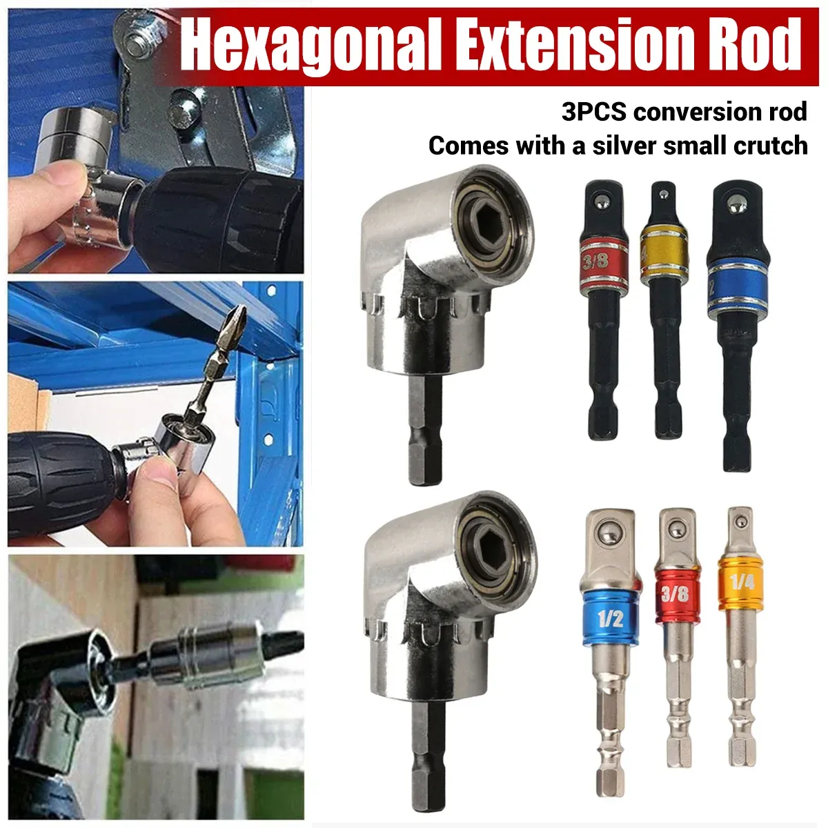 Socket Adapter Set Hex Shank to 1/4in 3/8in 1/2in Impact Driver Drill 3pcs - White — image 2