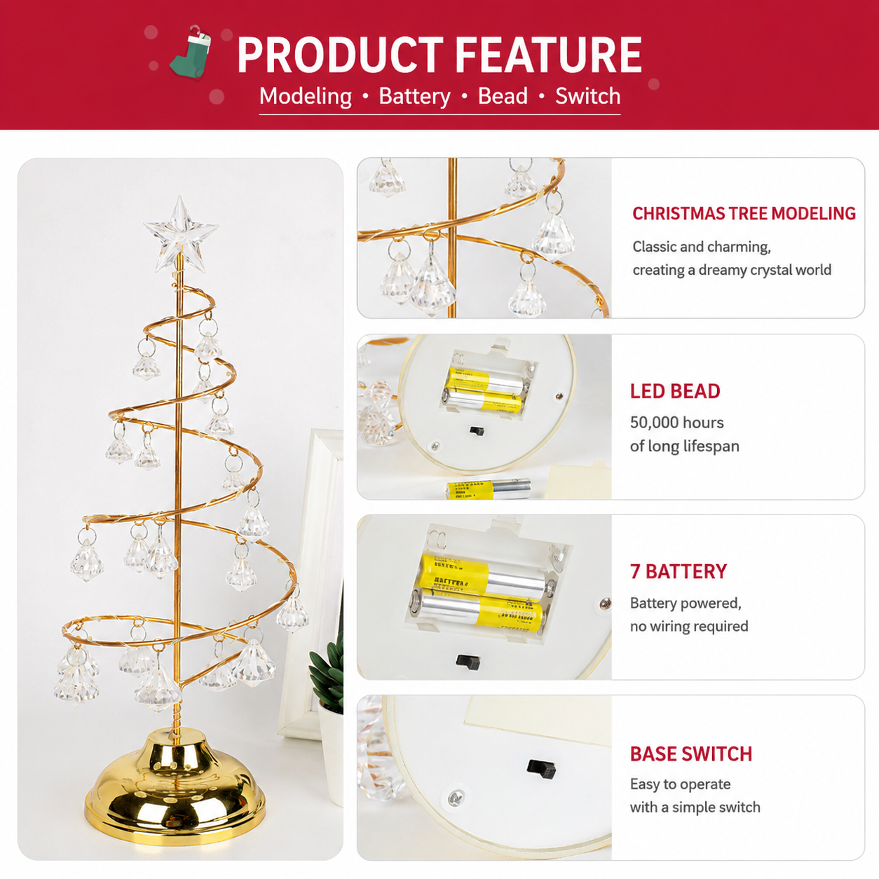 Gold Iron Spiral Crystal Christmas Tree Lamp - Elegant Battery Operated Tabletop Night Light & Ambient Accent LED for Bedroom, Living Room, Birthday & Holiday โ image 2