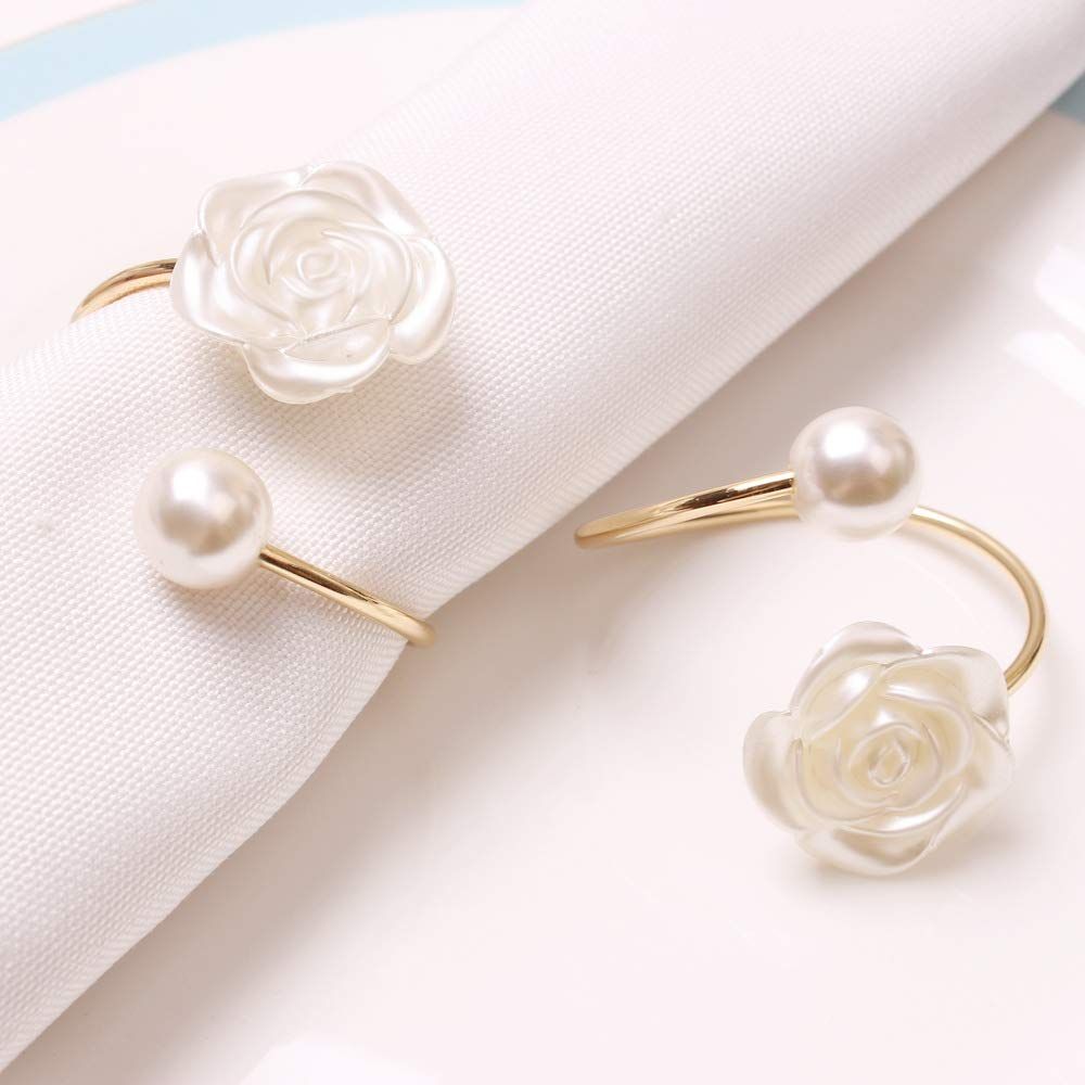Pearl Flower Napkin Rings Set of 6, Flowers Dinning Table Setting Rustic Dinner Tables Decoration for Wedding Receptions,Christmas — image 2