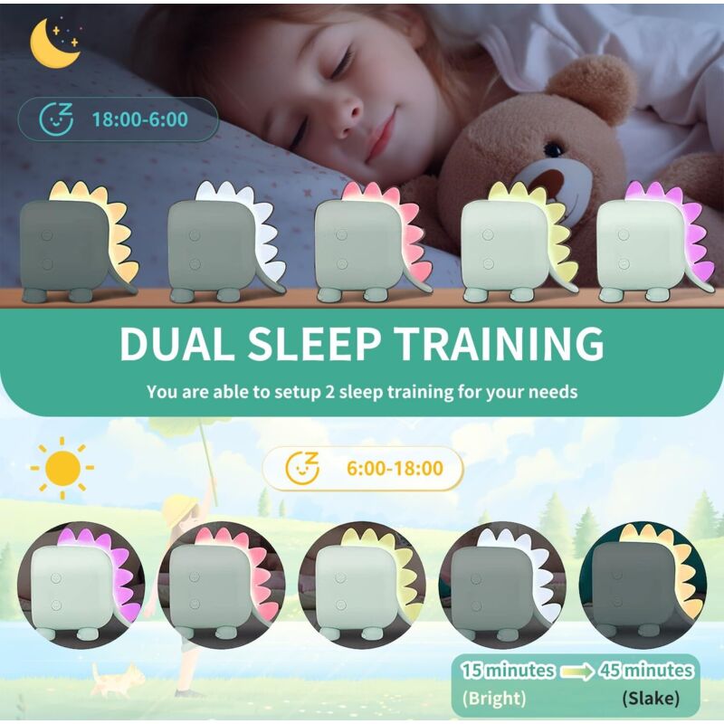 Cute Kids Alarm Clock, Multifunctional Adjustable Night Light Countdown Snooze Voice Control Rechargeable Clock (Green) โ image 4