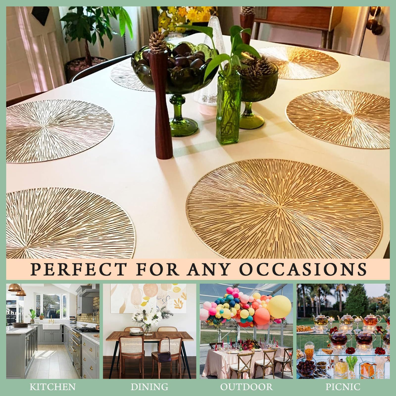 6PCS Round Placemats Pressed Vinyl Slip Resistant Table Mats Golden Fireworks Placmats Wipeable Hollowout (15 x15,Gold) — image 4