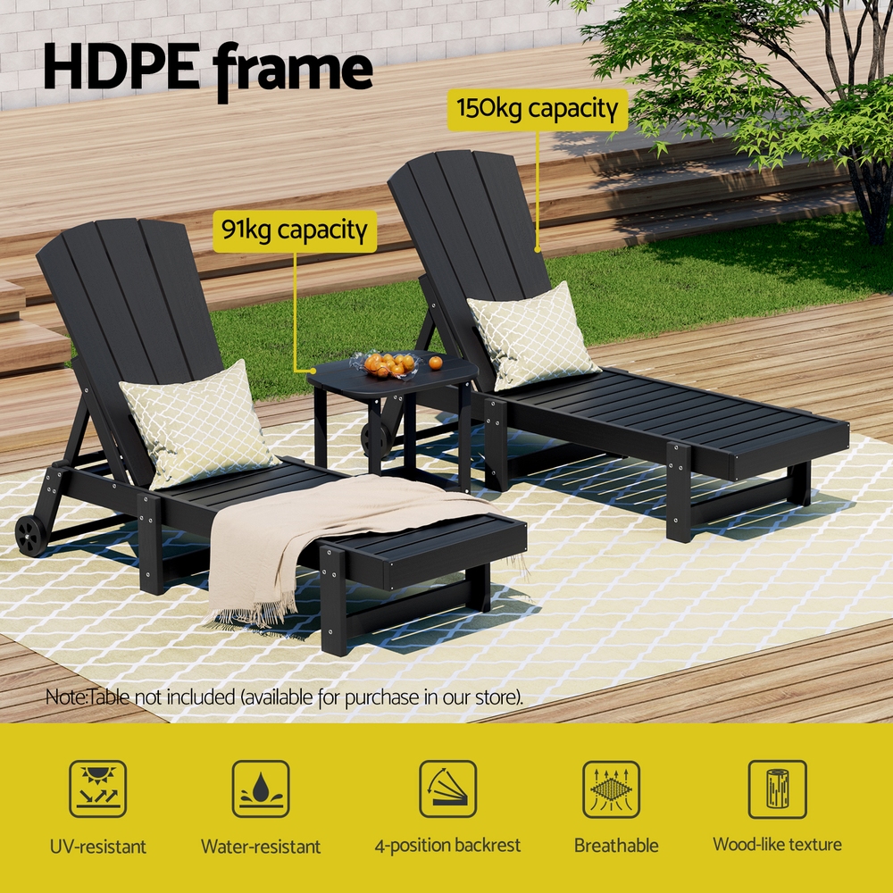 Gardeon Sun Lounge Lounger Table and Chairs Beach Chair HDPE Patio Outdoor Furniture Wheels Black โ image 4