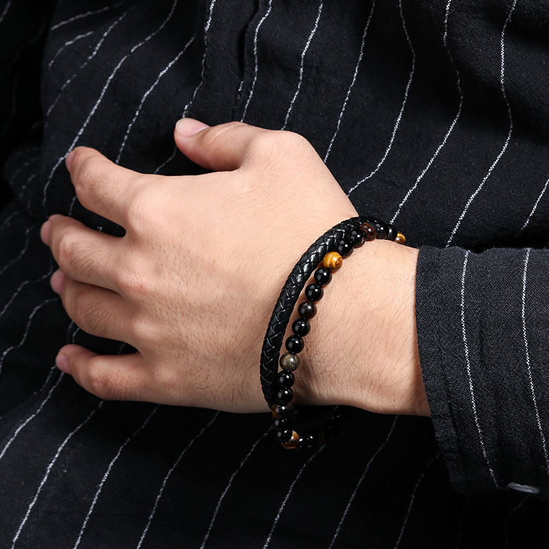 Natural Tiger Eye Stone Men's Leather Bracelet with Magnetic Clasp Beaded Braided Wristband Jewellery Gift 21cm โ image 3