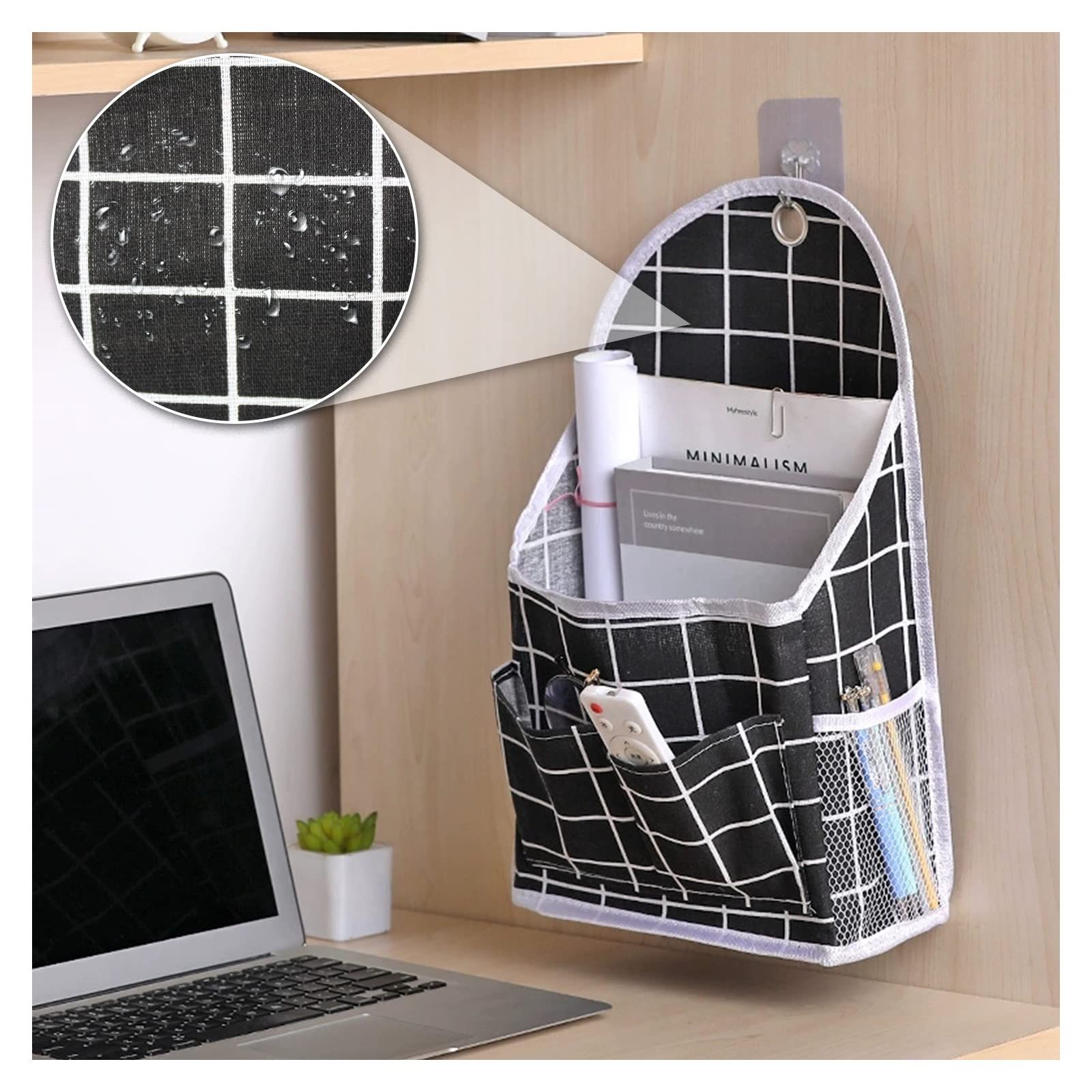 Wall Hanging Storage Bag, Black and White Checkered Linen Organizer Wall Mounted Punch-Free Over The Door Storage — image 2