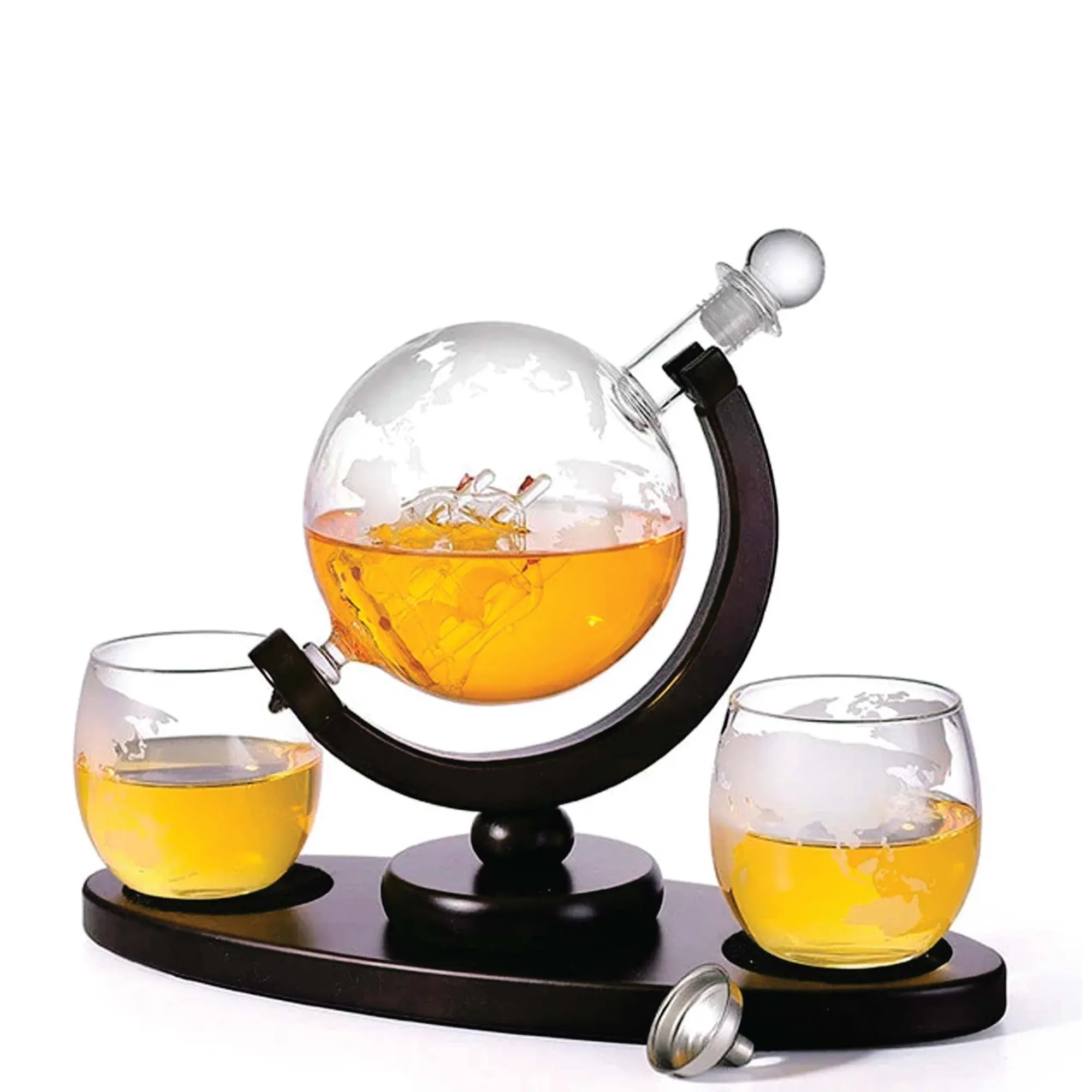 Kitchee 850ml Whiskey or Wine Globe Glass Decanter Set - 2 Glasses + Stand — image 2