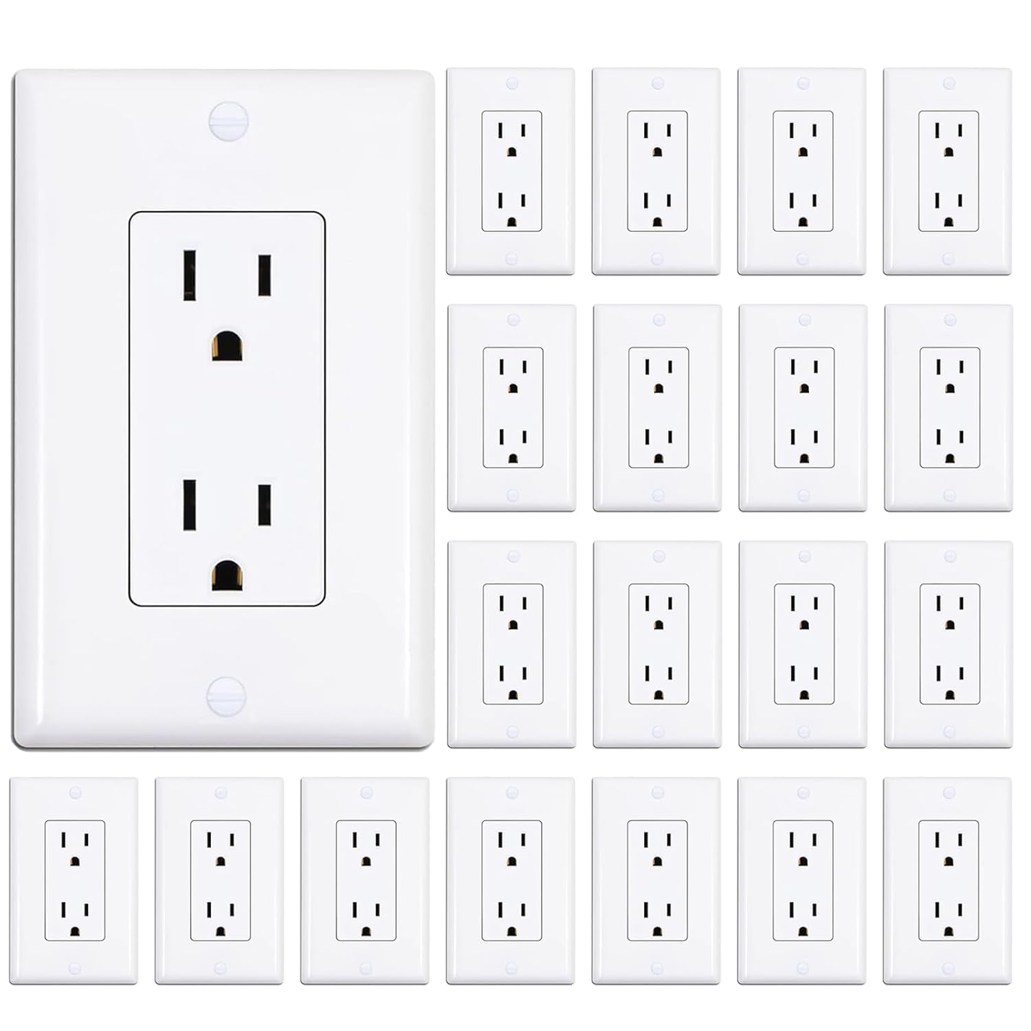 Decorator Receptacle Outlet with Wall Plate, Non-Tamper-Resistant Electrical Outlet, 15 amp Outlet, Self-Grounding, UL Listed, White (20 Pack)