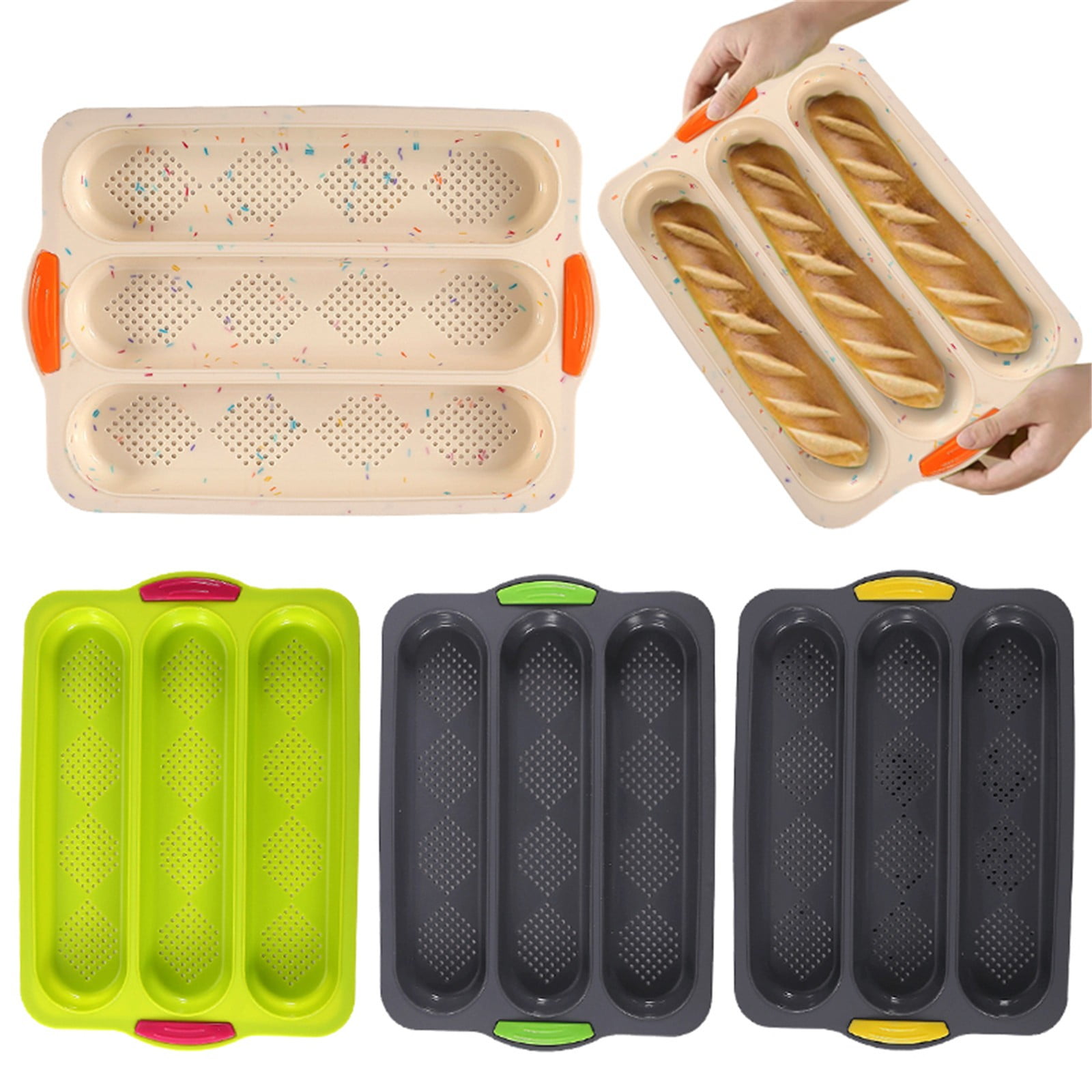 3-Slot French Bread Pan - Non Stick Silicone Baguette Mold for Hoagie, Sub Roll & Hot Dog Buns - Oven Safe Baking Tray with Vent Holes (Beige) Clearance Green