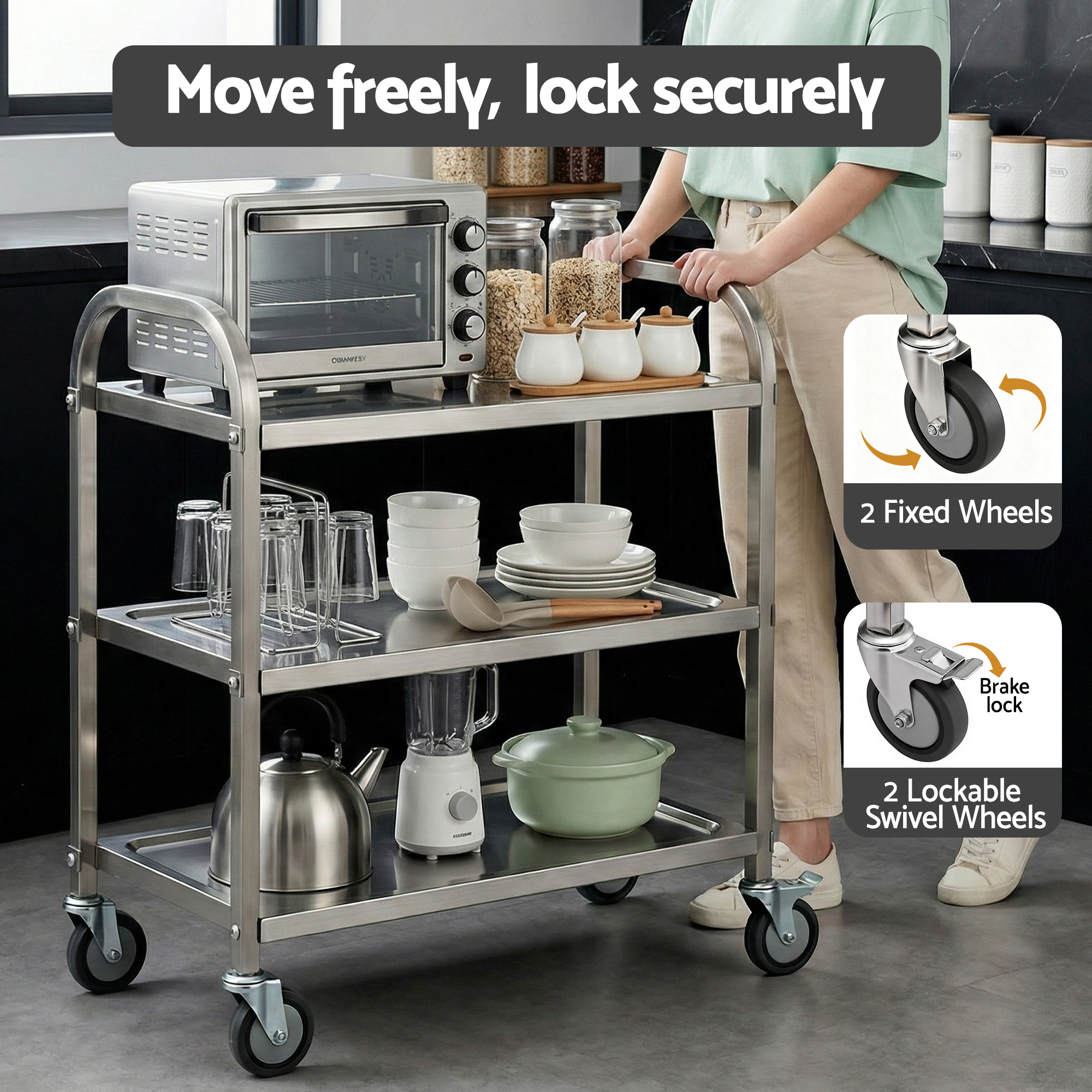 Cefito 3-Tier Stainless Steel Kitchen Trolley with Wheels 89X50X83cm — image 5