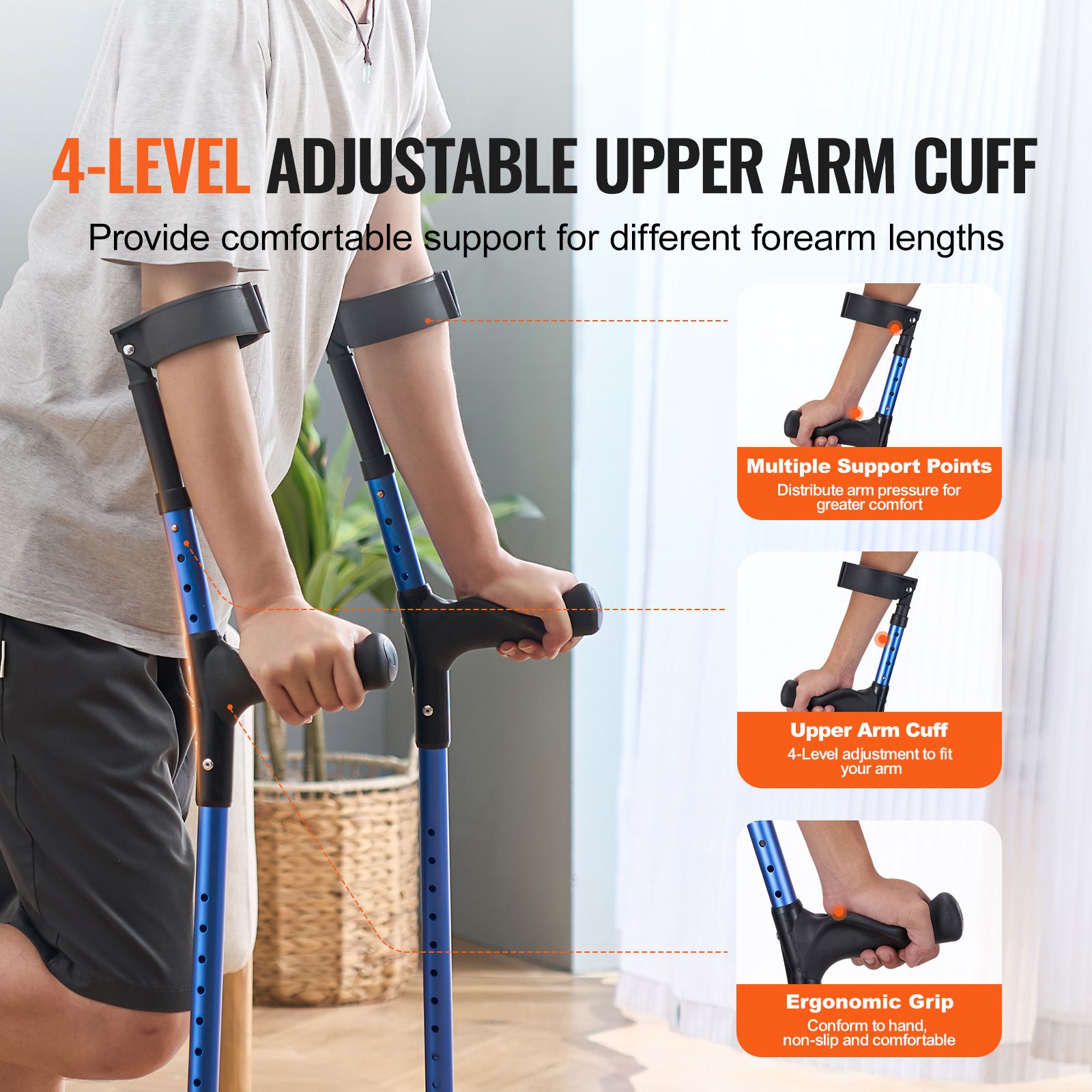 Forearm Crutches for Adults, 11-Level Height Adjustable Walking Crutches with 4-Level Upper Cuff, Lightweight Aluminum Medical Support Crutches for Leg Injury โ image 2