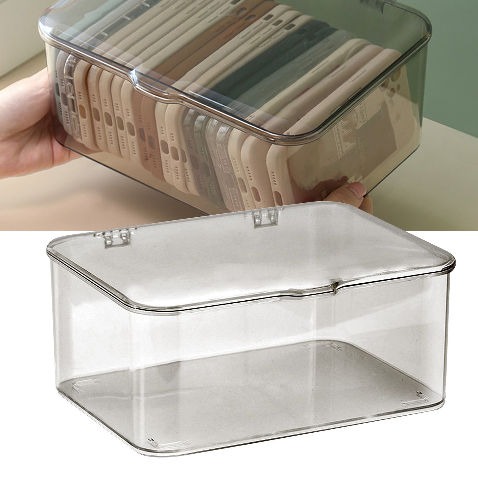 Desk Storage Box Plastic Large Capacity Dustproof Multi Functional Phone Case Storage Holder with Lid Light Gray โ image 6