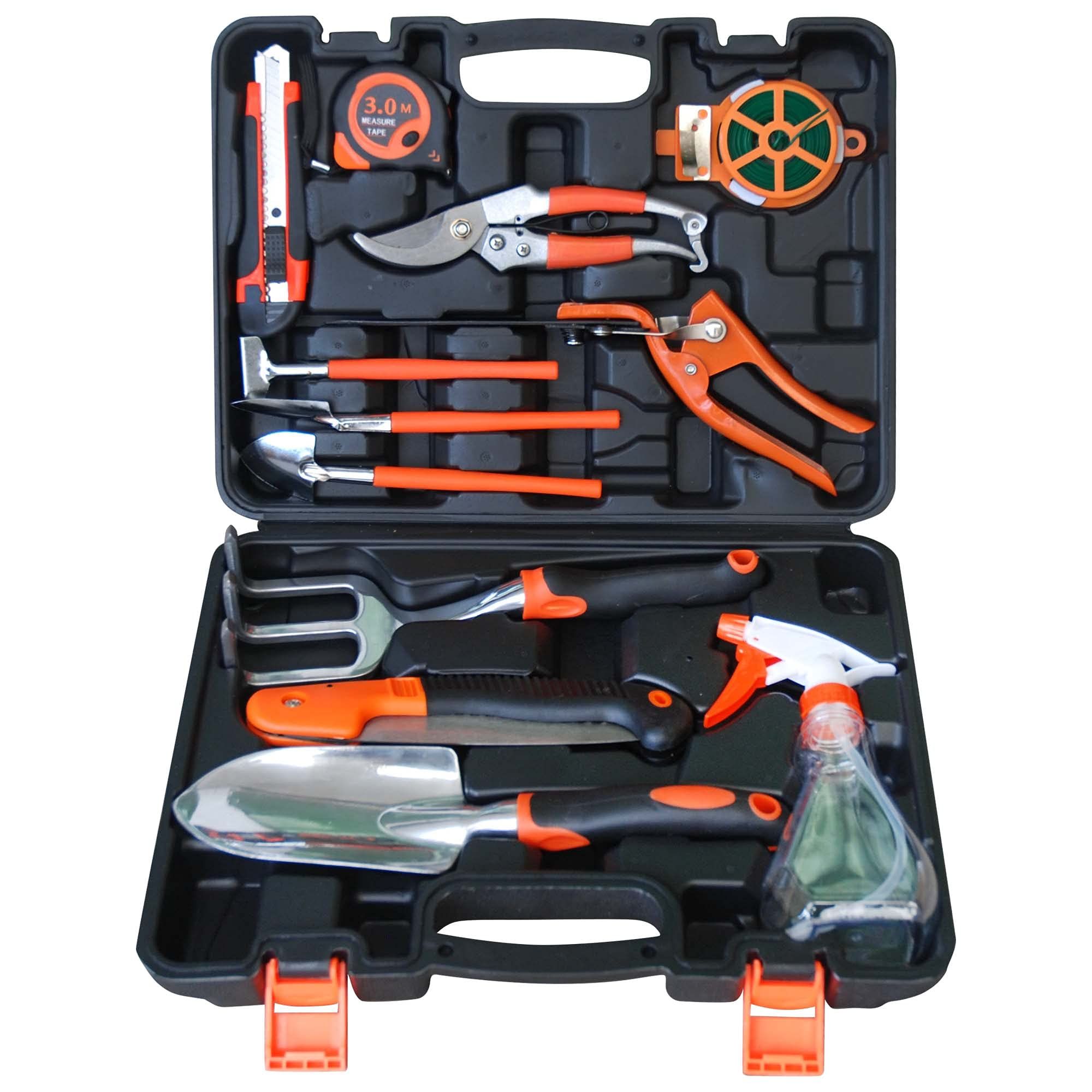 Garden Tools Set - 13 Pieces Heavy Duty Ergonomic Handle Gardening Tools with Carrying Case, Rake, Shovel, Sprayer, Pruning Saw