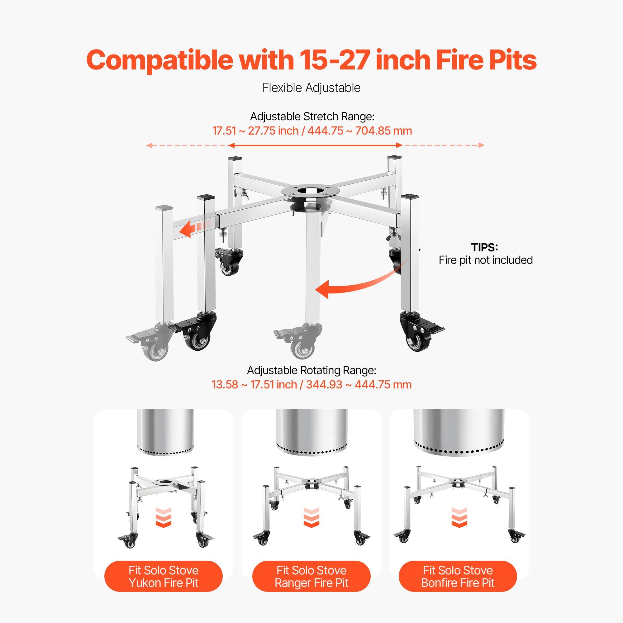 Fire Pit Stand, 38-68.6 cm Adjustable Stretch with 4 Casters, Firepit Stand for Solo Stove Bonfire Ranger Yukon & Other Outside Firepit, Stainless Steel — image 2