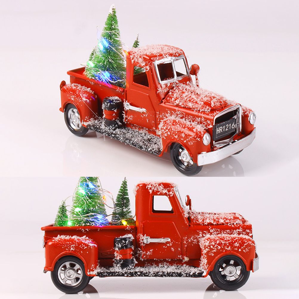 Christmas Vintage Red Truck Metal Truck Car with Christmas Trees Ornaments for Home Fireplace Desktop Decorations Holiday Xmas Supplies β image 2