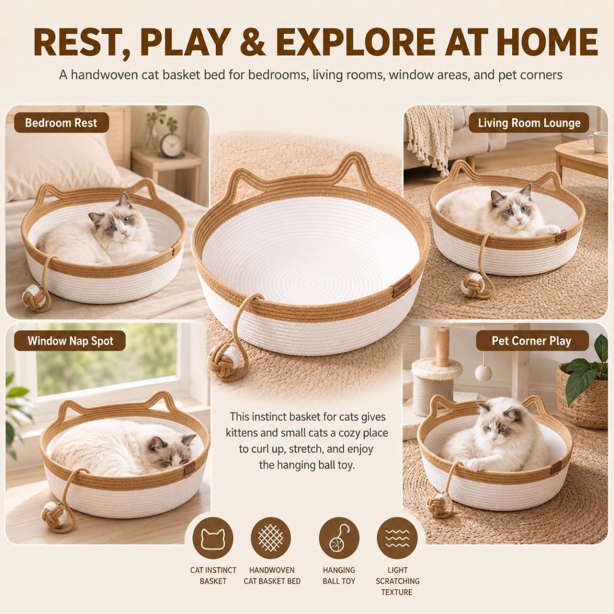 Cat Basket Hand-Woven Cat Bed Cat-Ear Handles Cotton Rope Cat Bed Indoor Cat - Green - Size M — image 5