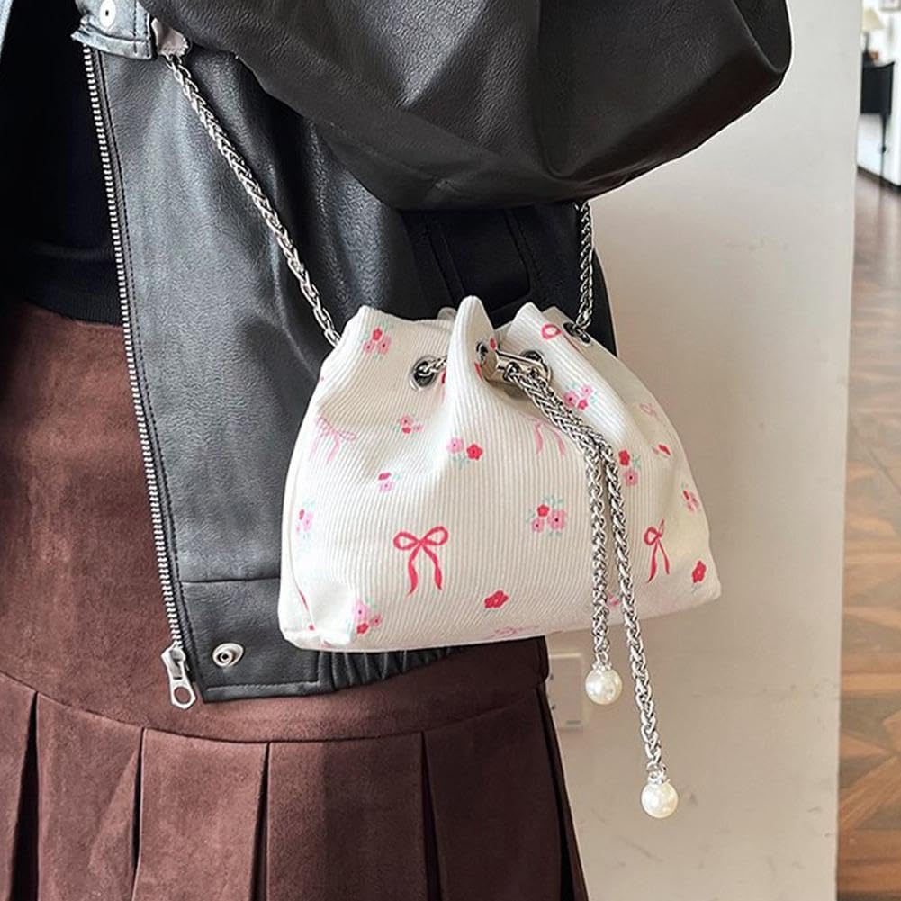 Drawstring Crossbody Bag for Women,Flower Chain Drawstring Mini Bucket Handbags — image 4