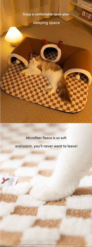 Brown S size Cat Tunnel Bed House 4-Season Universal Removable Washable U-Shaped Cat Cave with Multi-Entrance, Plush Hideaway Pet Nest with Detachable Mat for โ image 5