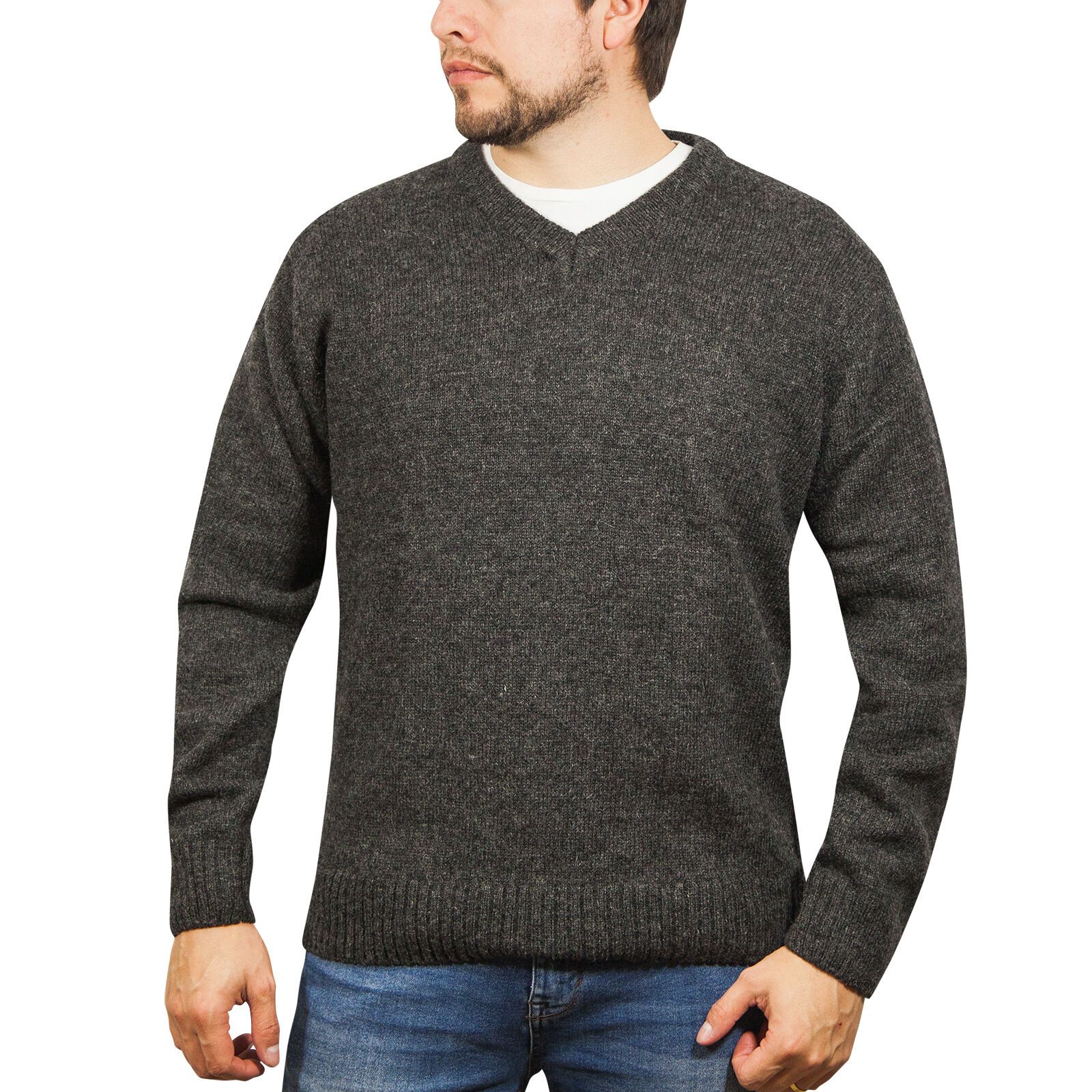 100% Shetland Ragg Wool V Neck Knit Jumper Pullover Mens Sweater Knitted - Charcoal โ image 2