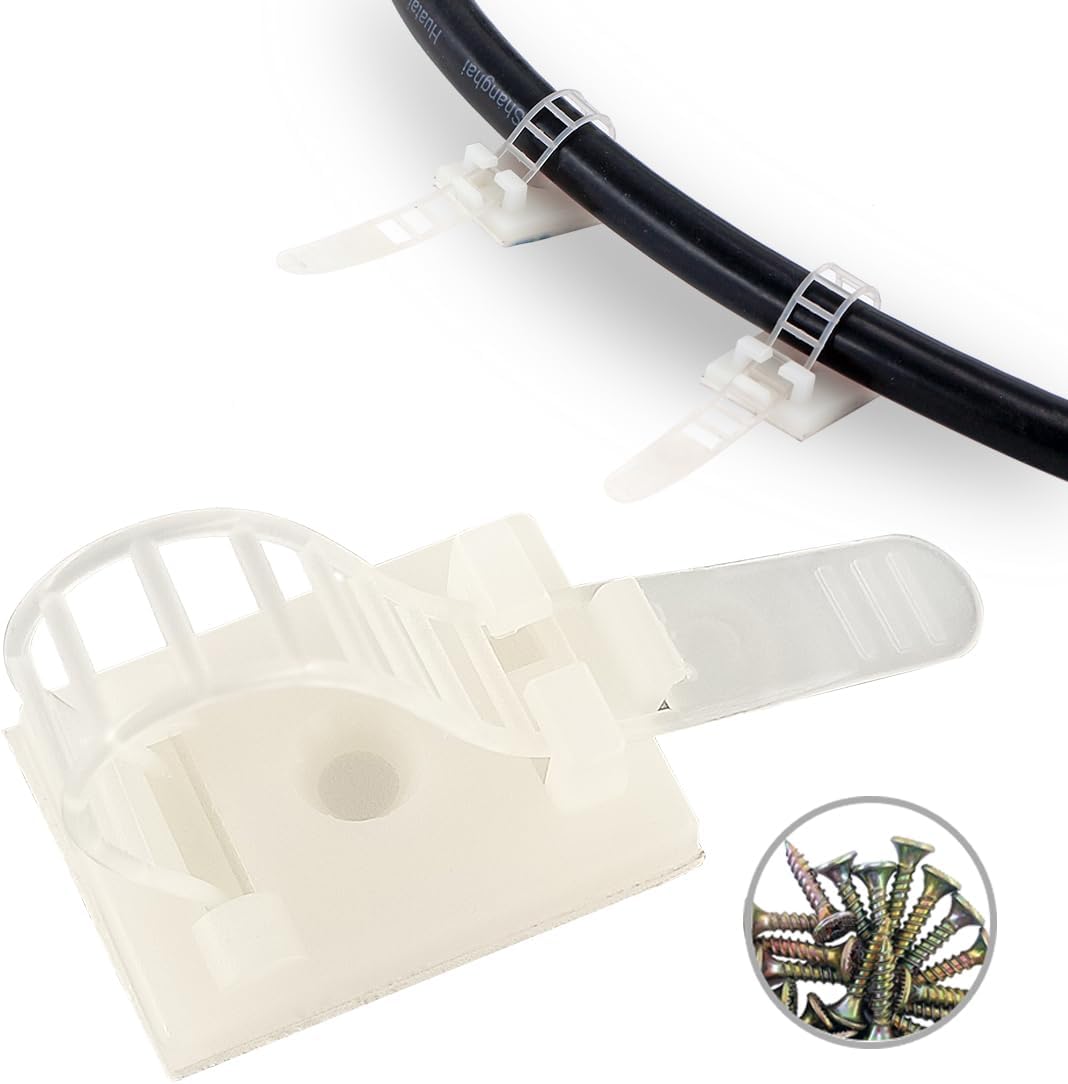Wire Management Clips Clear (Yellowish) with Screw Hole (50 Pack) Adjustable Zip Ties 3 Inch with 3M Adhesive Tape,Adhesive Clips for Christmas
