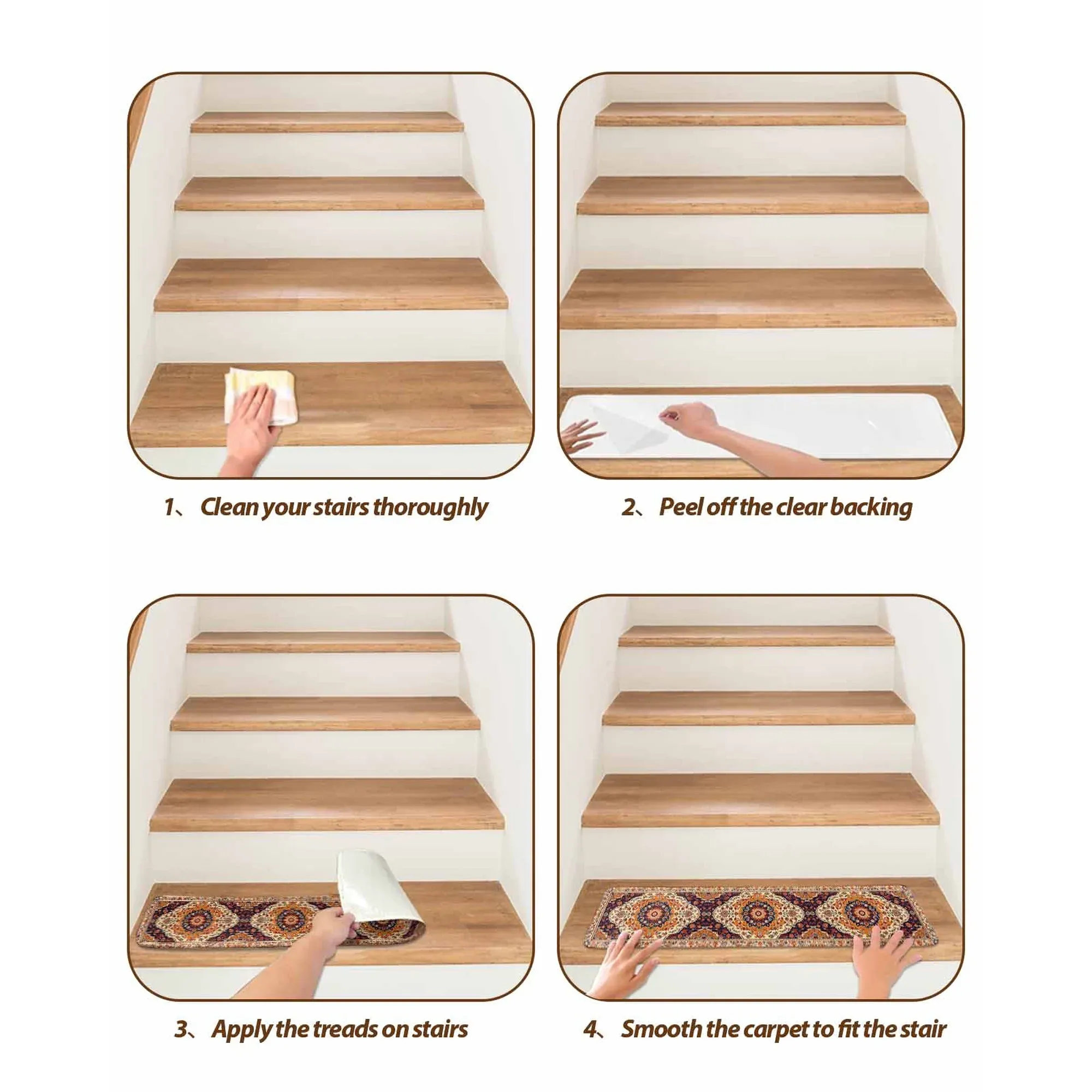 4 Pcs Green Vintage Floral Non Slip Stair Treads, Adhesive Carpet Runners for Wooden Steps Pets and Seniors, 8 × 30 in — image 6