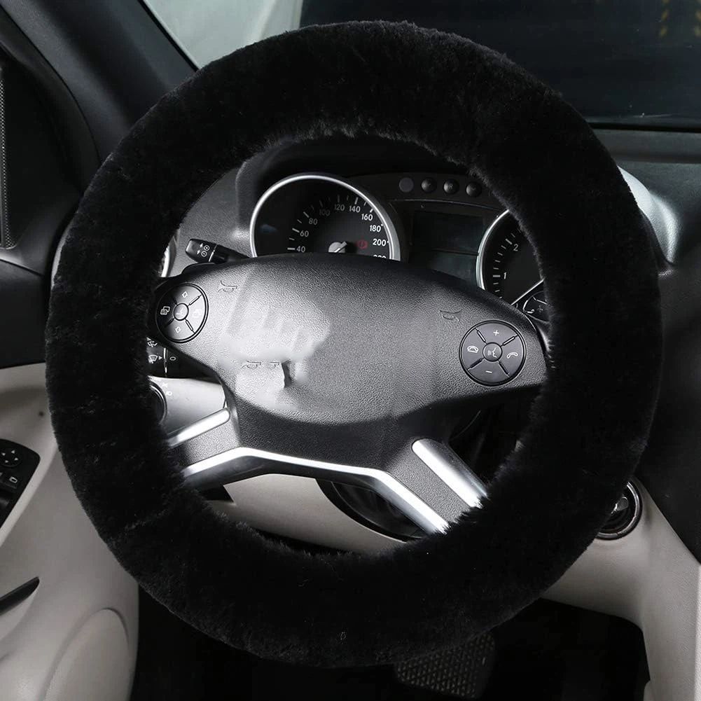 Fluffy Wool Sheepskin Fuzzy Black Car Steering Wheel Cover for Universal Auto Steering Wheel 15inch, Anti-Slip, Soft Plush, Comforting and Luxurious, Soft โ image 5