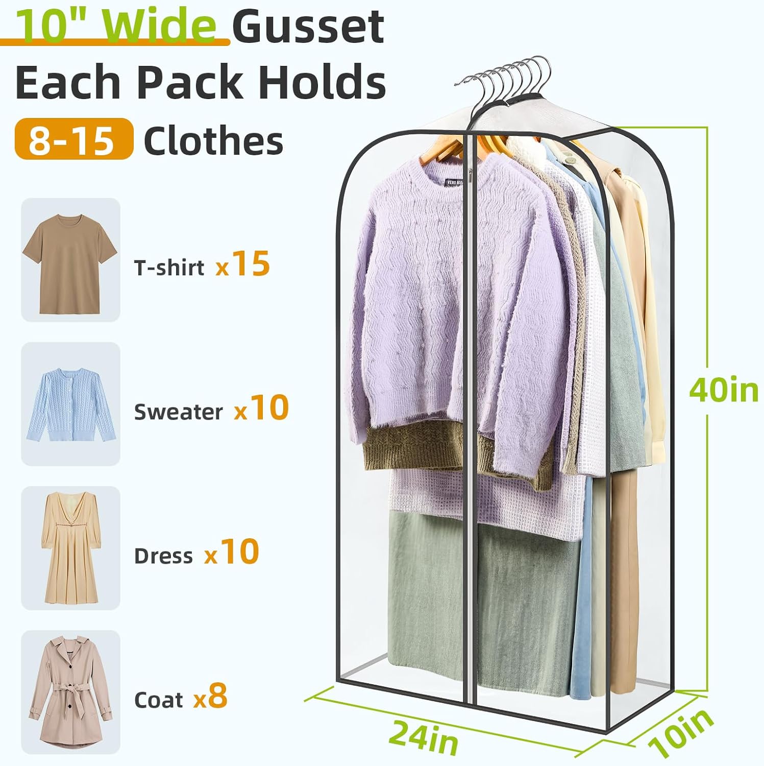 6 Pack Clear Garment Bags for Hanging Clothes with Zippers on Double Sides - 10'' Storage Coat, Dress, and Fur in Closet 40'' Long Suit 40 inch — image 2