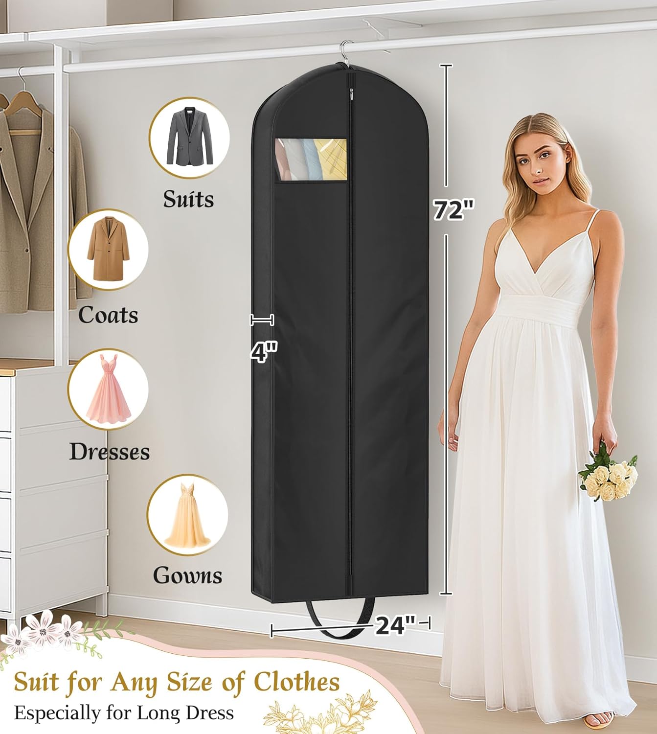 72" Wedding Dress Garment Bag for Travel with 4" Gusseted Long Hanging Dress Bags for Gowns for Women Garment Cover Clothes Storage for Closet, Black — image 4