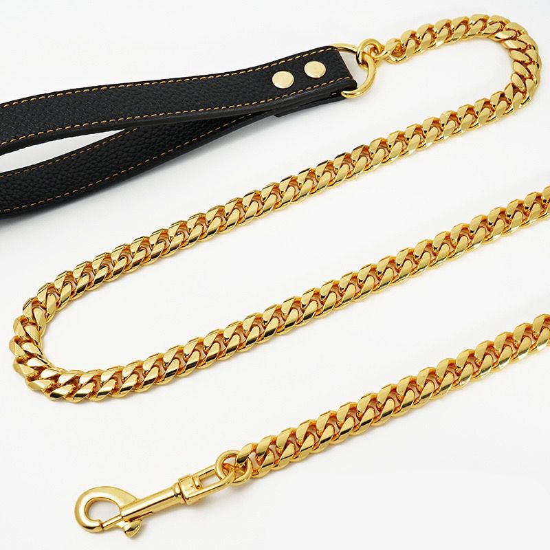 Luxury Cuban Link Dog Leash with Genuine Leather Handle – Polished Stainless Steel Pet Walking Chain for Large Dogs, Durable 14mm Heavy-Duty Leash — image 6