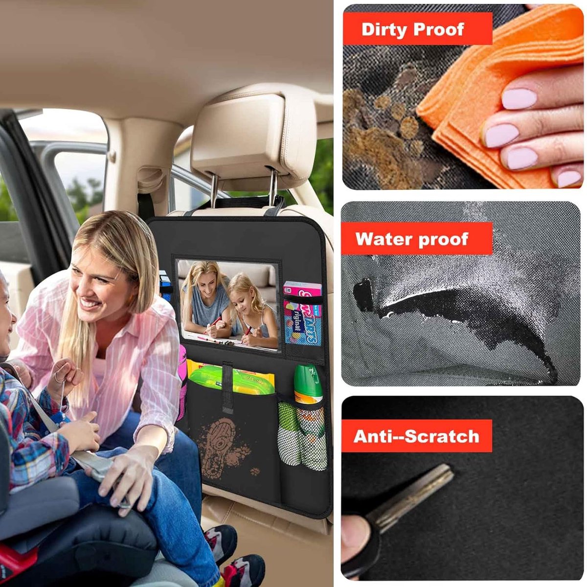 Two-pack storage bags for the car back seat - with touchscreen tablet holder - 6 storage bags - protective cushions - car seat covers - children's travel — image 2