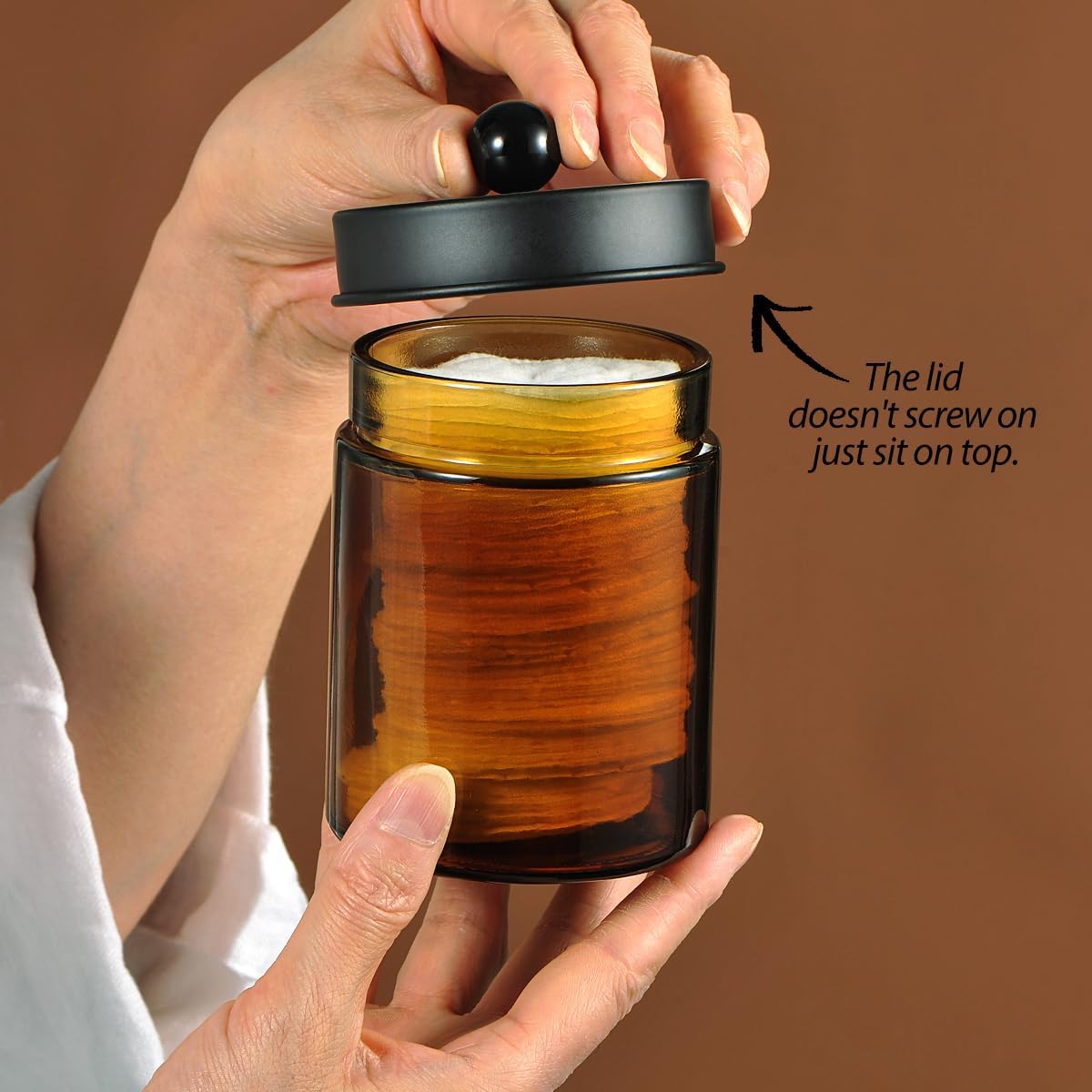 Amber Glass Qtip Holder, Apothecary Jar,Qtip Dispenser with Metal Lid & Stickers- 3Pack Containers,Vanity Canister Organizer Storage,Bathroom Accessories Set — image 3